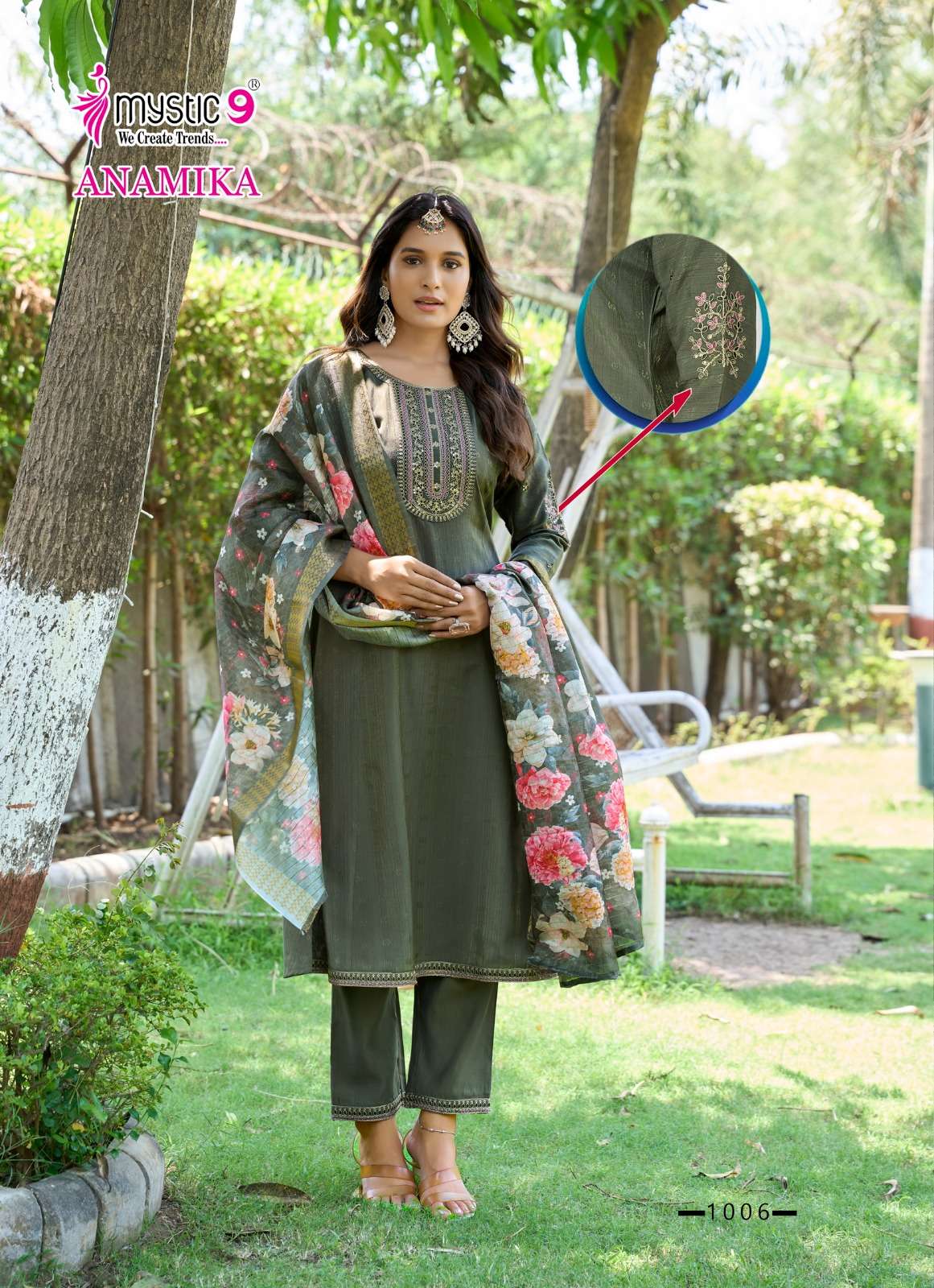 MYSTIC 9 ANAMIKA VOL 1 A LINE CUT PATTERN LADIES KURTI BOTTOM AND DUPATTA SET 
