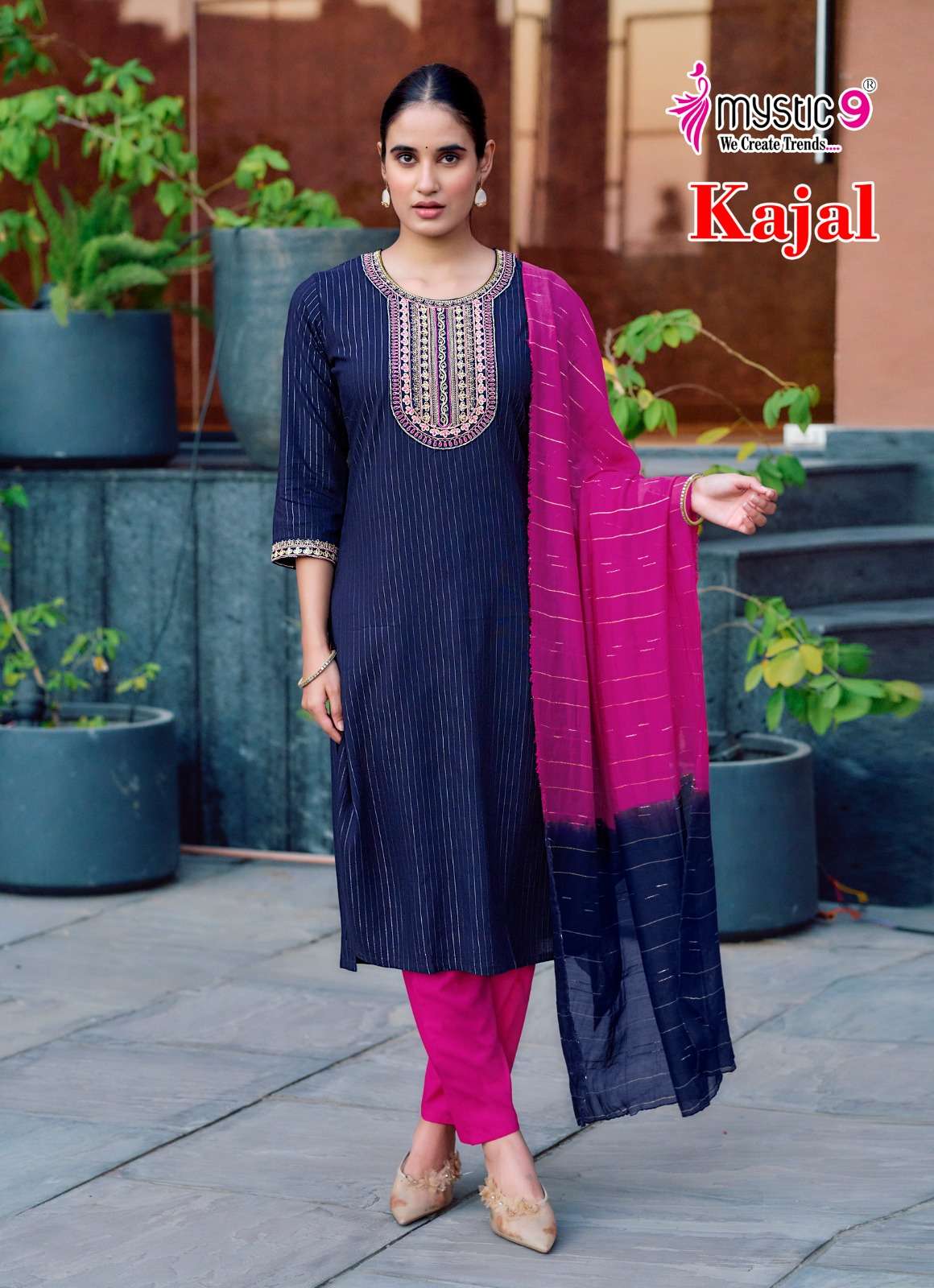 MYSTIC 9 KAJAL VOL 1 RAYON FANCY EMBROIDERY WORK LADIES KURTI BOTTOM AND DUPATTA SET 