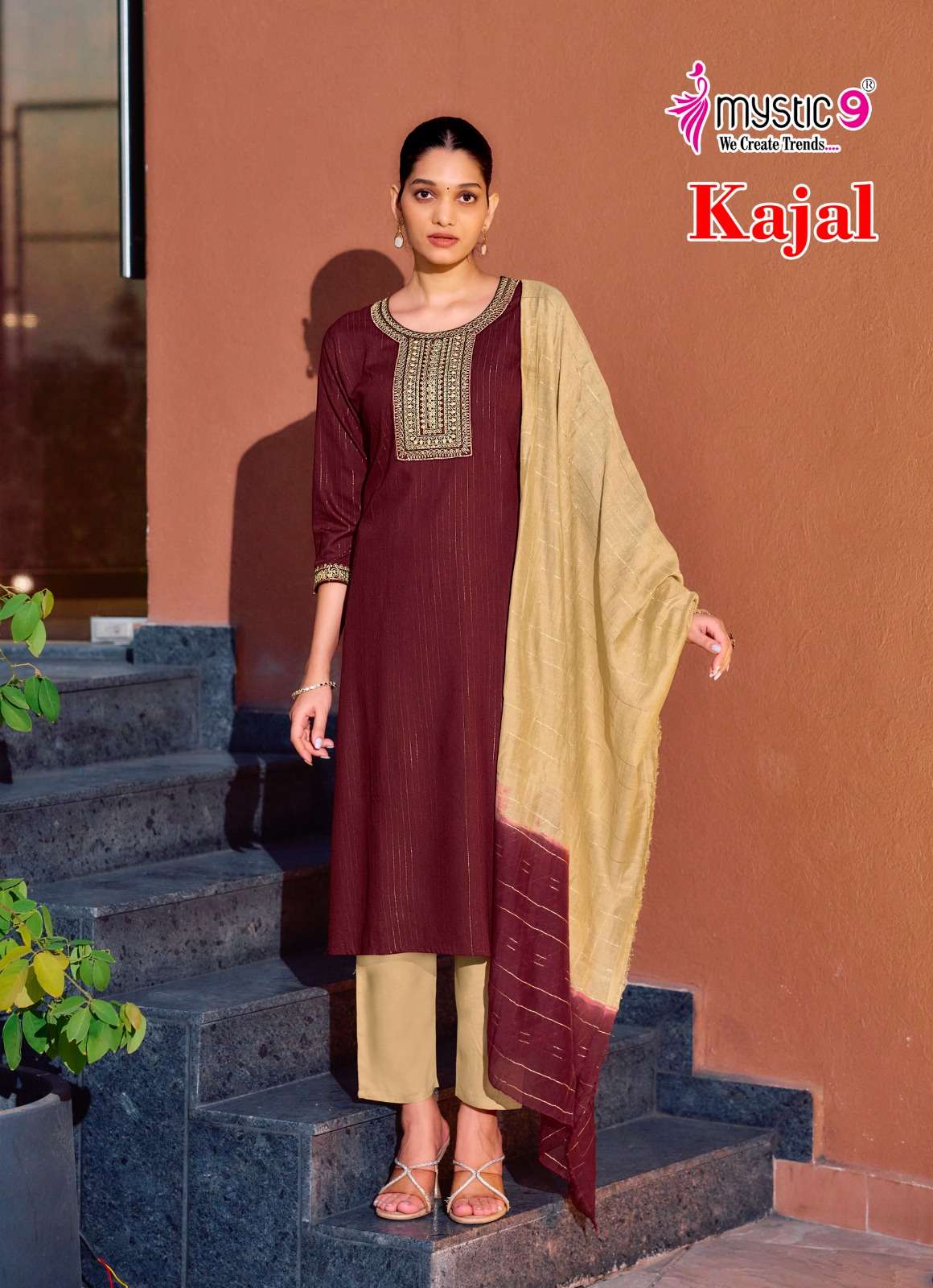 MYSTIC 9 KAJAL VOL 1 RAYON FANCY EMBROIDERY WORK LADIES KURTI BOTTOM AND DUPATTA SET 