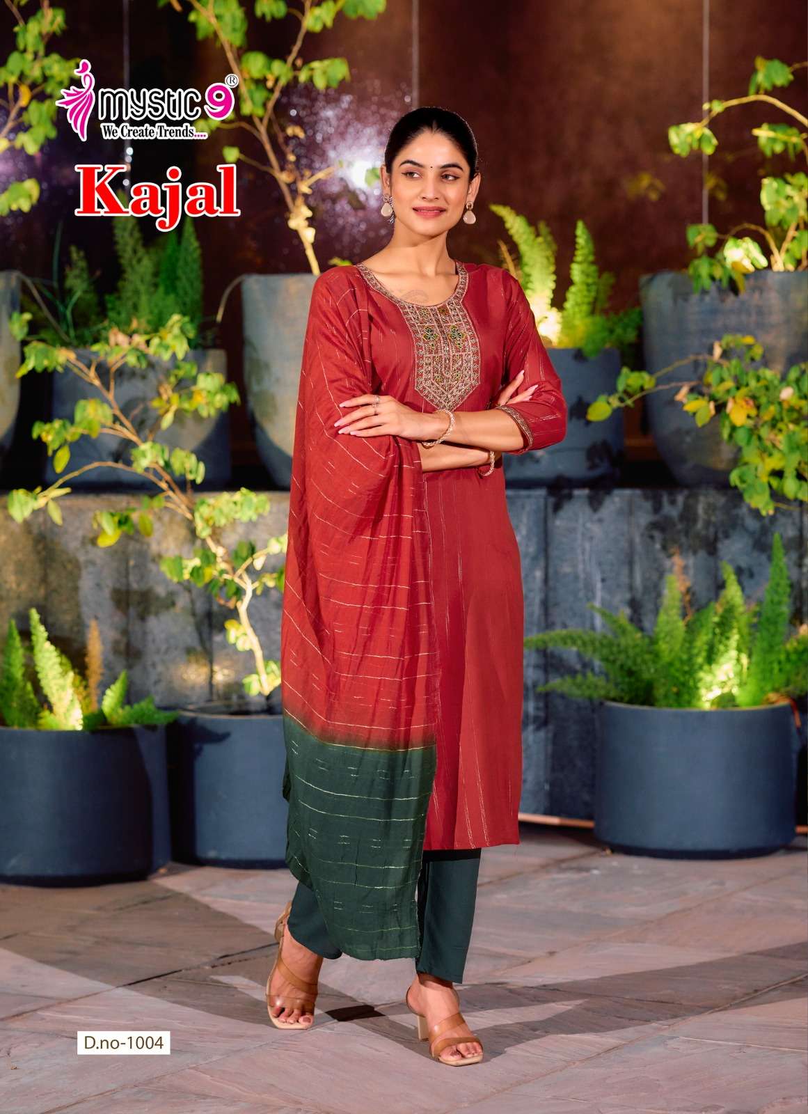 MYSTIC 9 KAJAL VOL 1 RAYON FANCY EMBROIDERY WORK LADIES KURTI BOTTOM AND DUPATTA SET 