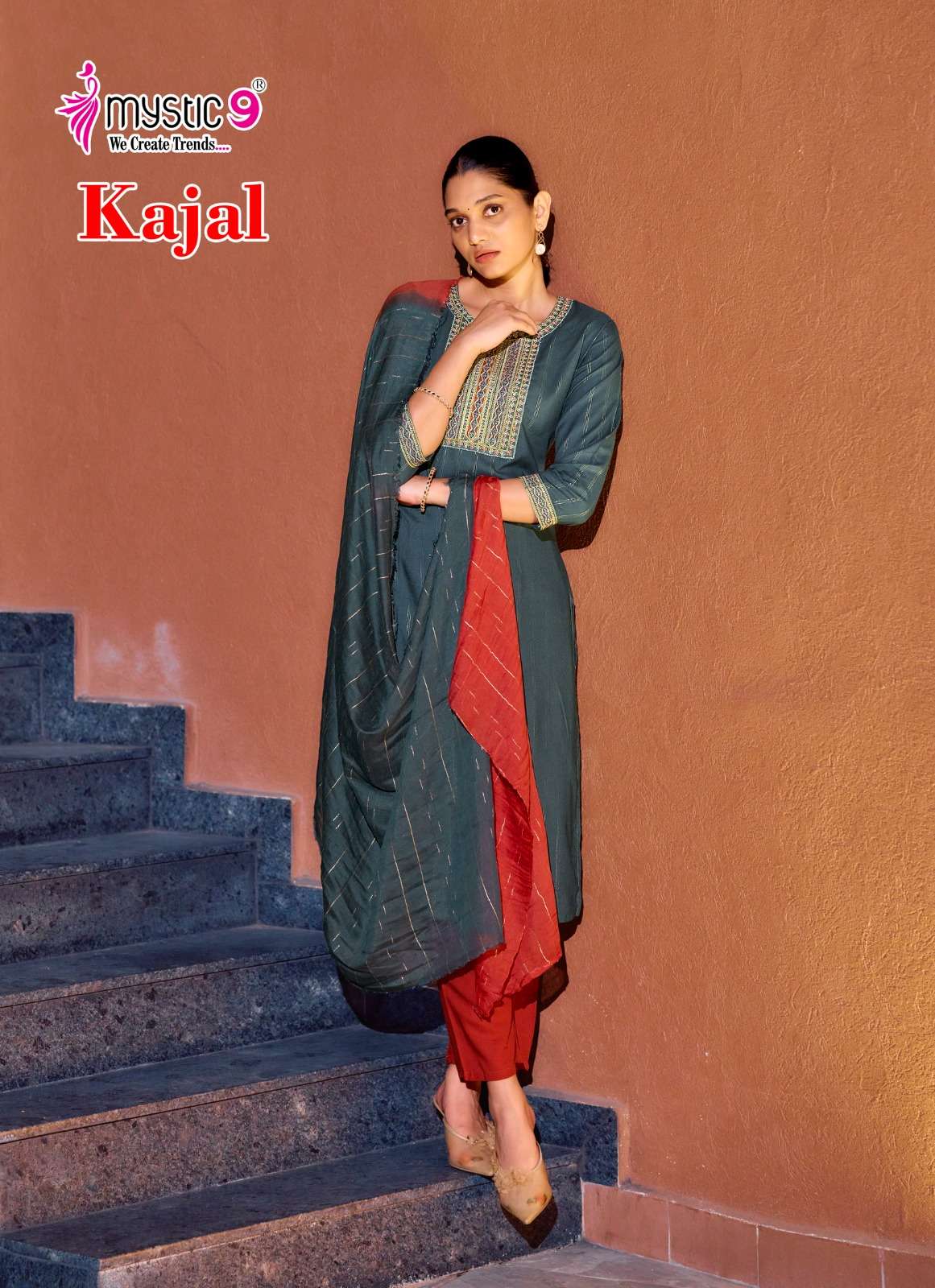 MYSTIC 9 KAJAL VOL 1 RAYON FANCY EMBROIDERY WORK LADIES KURTI BOTTOM AND DUPATTA SET 