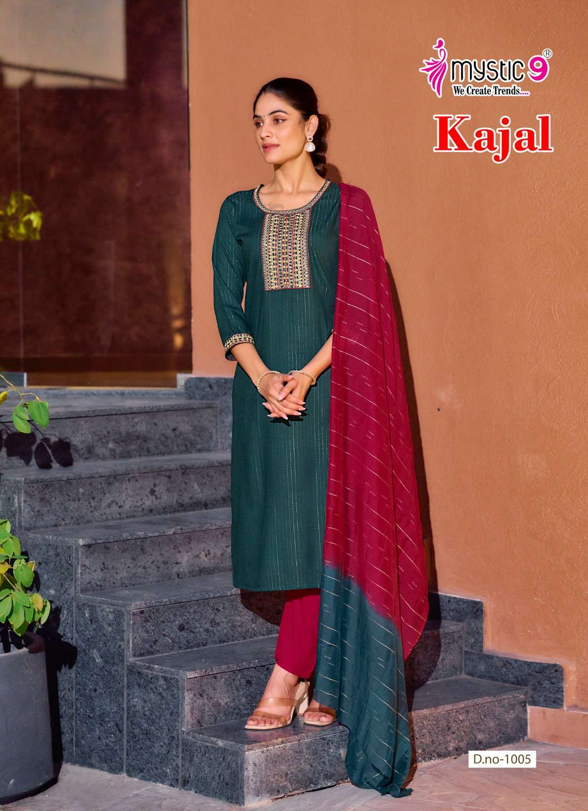 MYSTIC 9 KAJAL VOL 1 RAYON FANCY EMBROIDERY WORK LADIES KURTI BOTTOM AND DUPATTA SET 