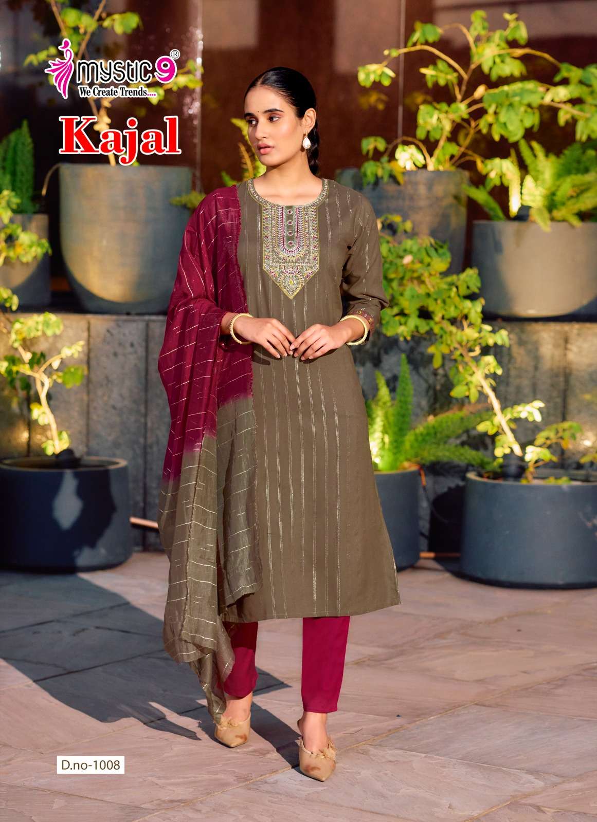 MYSTIC 9 KAJAL VOL 1 RAYON FANCY EMBROIDERY WORK LADIES KURTI BOTTOM AND DUPATTA SET 