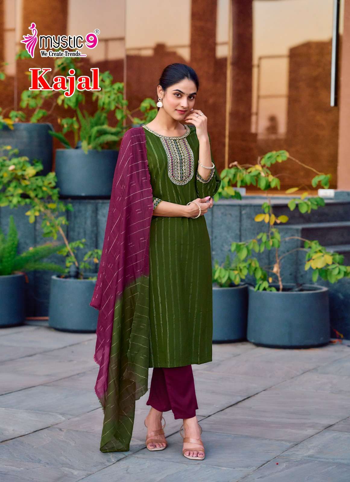 MYSTIC 9 KAJAL VOL 1 RAYON FANCY EMBROIDERY WORK LADIES KURTI BOTTOM AND DUPATTA SET 