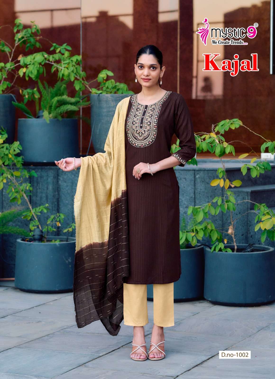 MYSTIC 9 KAJAL VOL 1 RAYON FANCY EMBROIDERY WORK LADIES KURTI BOTTOM AND DUPATTA SET 