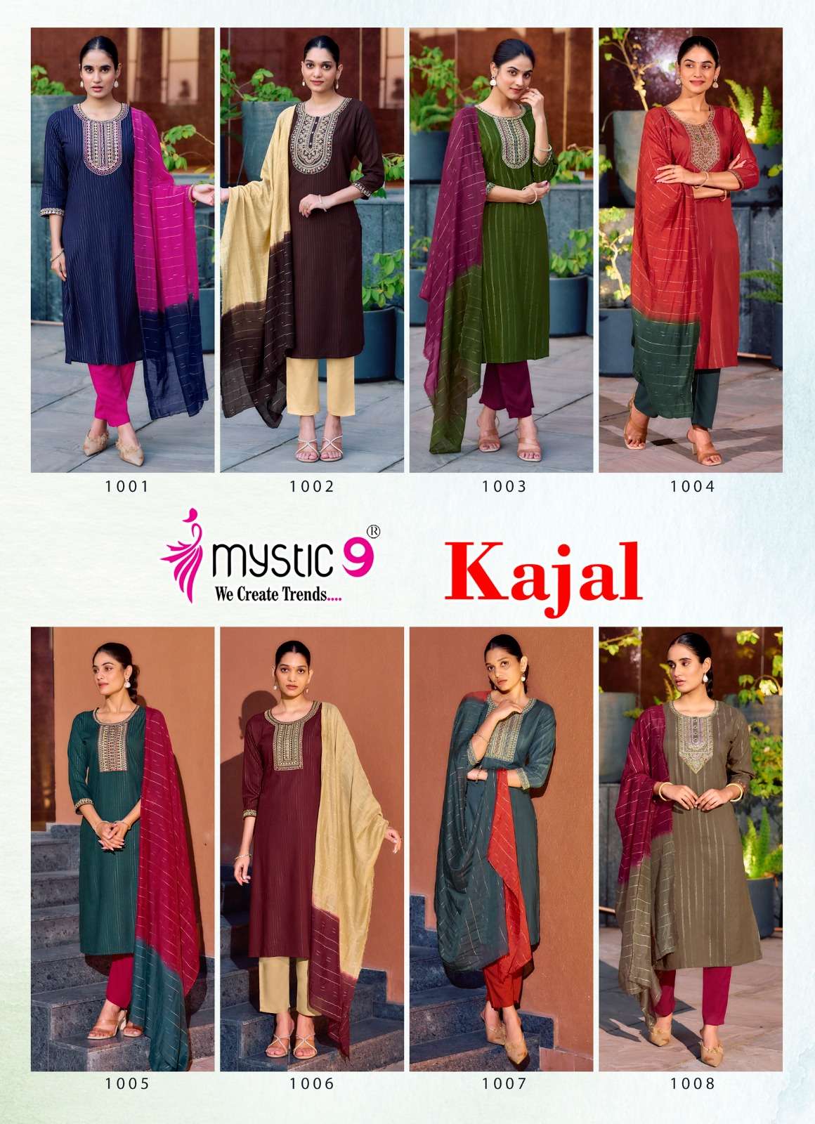 MYSTIC 9 KAJAL VOL 1 RAYON FANCY EMBROIDERY WORK LADIES KURTI BOTTOM AND DUPATTA SET 