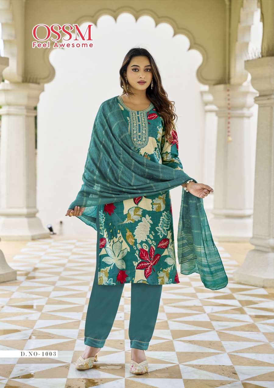 OSSM SANVARI FANCY FOIL PRINT LADIES KURTI BOTTOM AND DUPATTA SET 