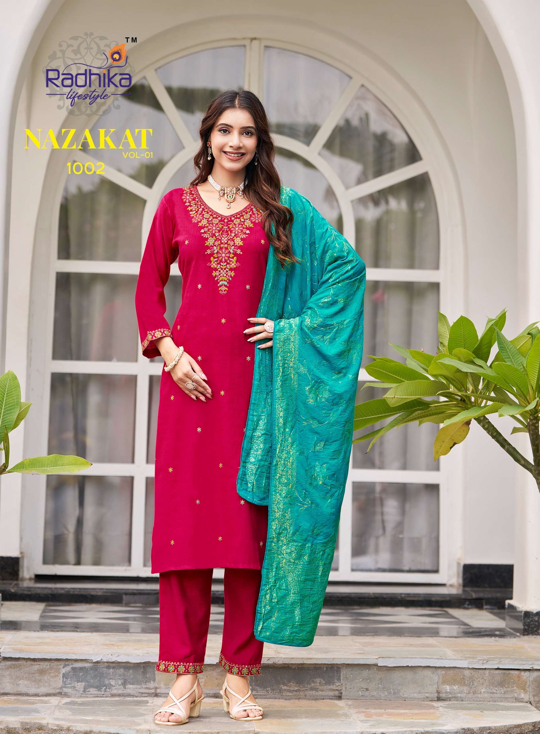 RADHIKA LIFESTYLE NAZAKAT VOL 1 FANCY WORK LADIES KURTI PANT WITH DUPATTA SET