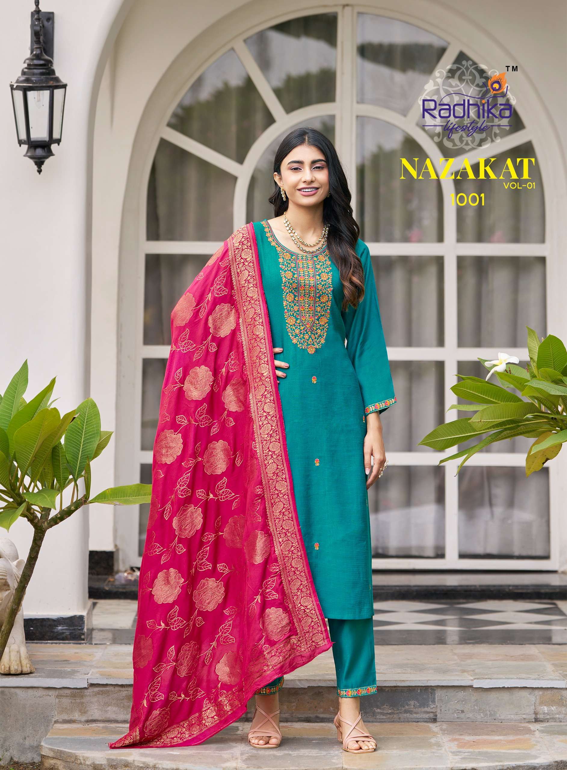 RADHIKA LIFESTYLE NAZAKAT VOL 1 FANCY WORK LADIES KURTI PANT WITH DUPATTA SET