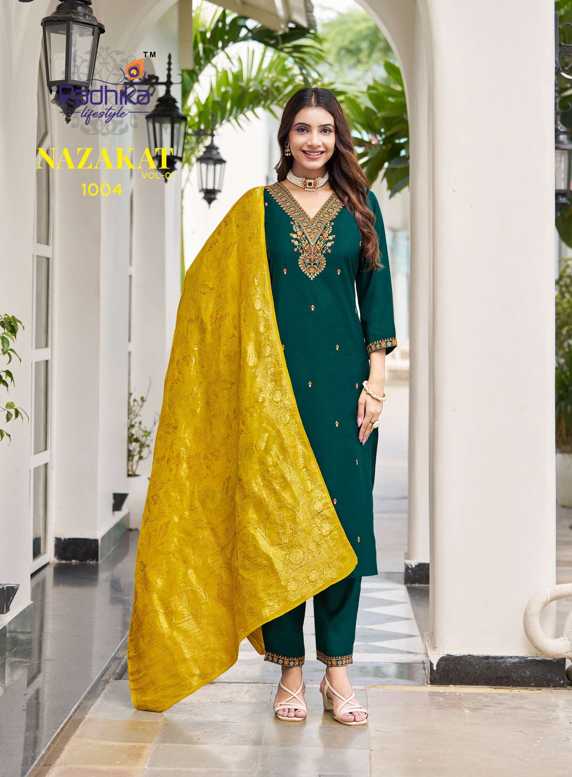 RADHIKA LIFESTYLE NAZAKAT VOL 1 FANCY WORK LADIES KURTI PANT WITH DUPATTA SET
