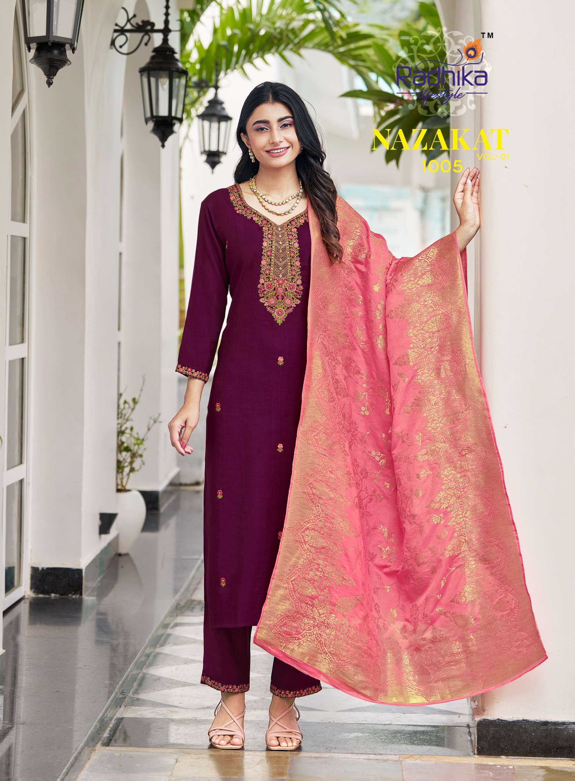 RADHIKA LIFESTYLE NAZAKAT VOL 1 FANCY WORK LADIES KURTI PANT WITH DUPATTA SET