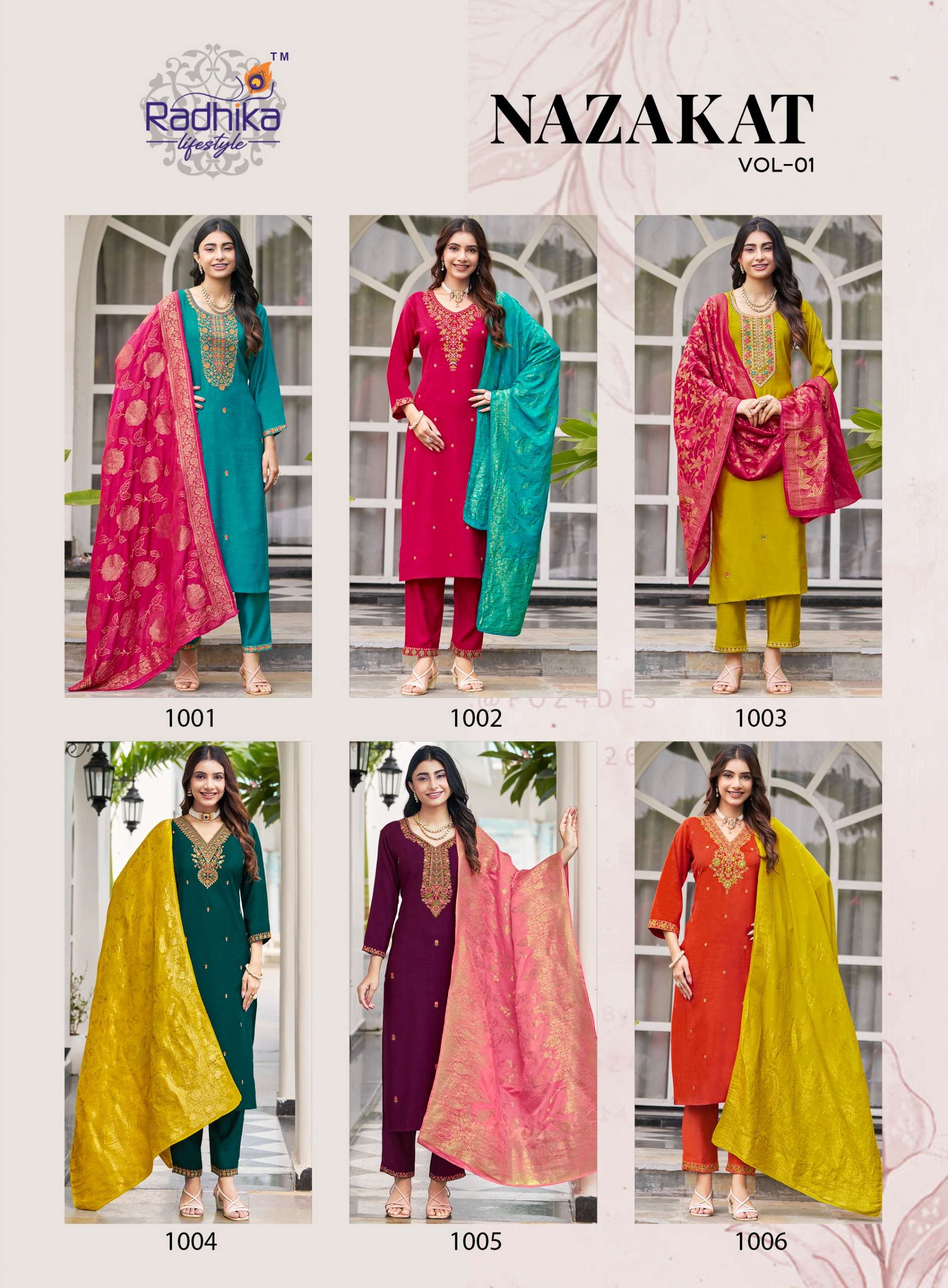RADHIKA LIFESTYLE NAZAKAT VOL 1 FANCY WORK LADIES KURTI PANT WITH DUPATTA SET