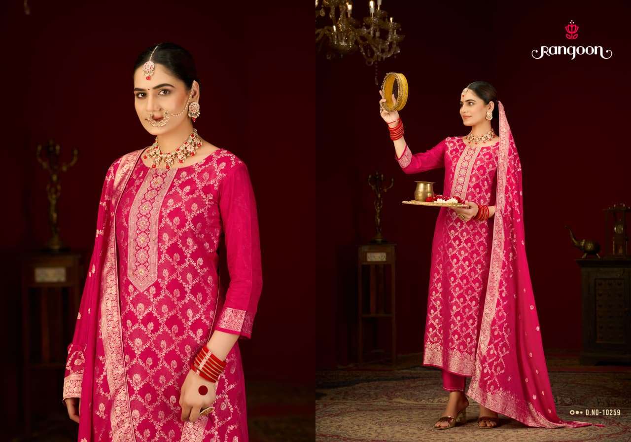RANGOON SWASTIK JACQUARD DESIGNER WORK FESTIVE WEAR LADIES SUIT