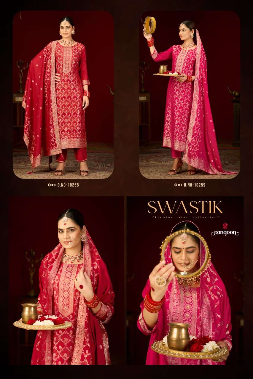 RANGOON SWASTIK JACQUARD DESIGNER WORK FESTIVE WEAR LADIES SUIT