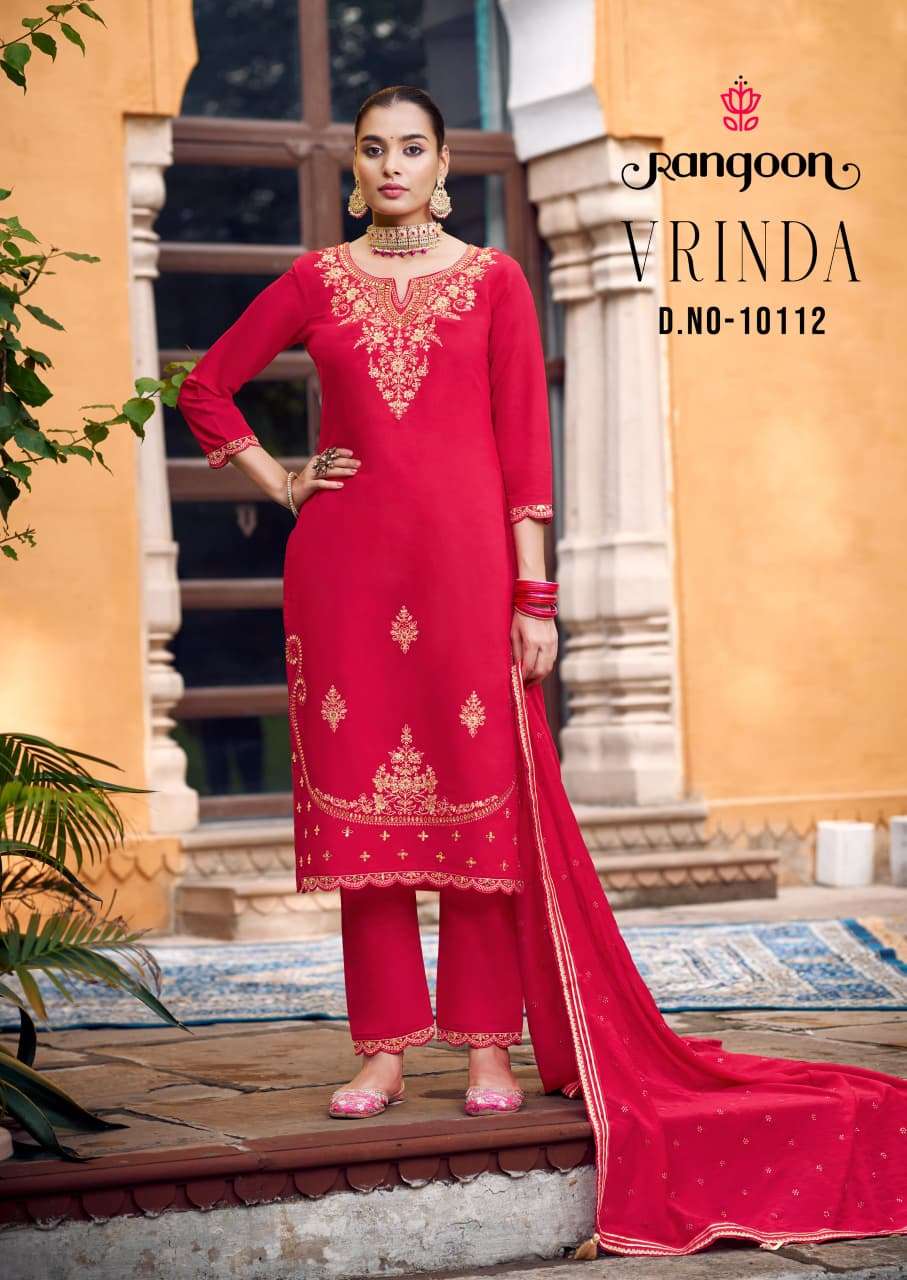 RANGOON VRINDA SILK FANCY EMBROIDERY WORKS LADIES KURTI BOTTOM AND DUPATTA SET