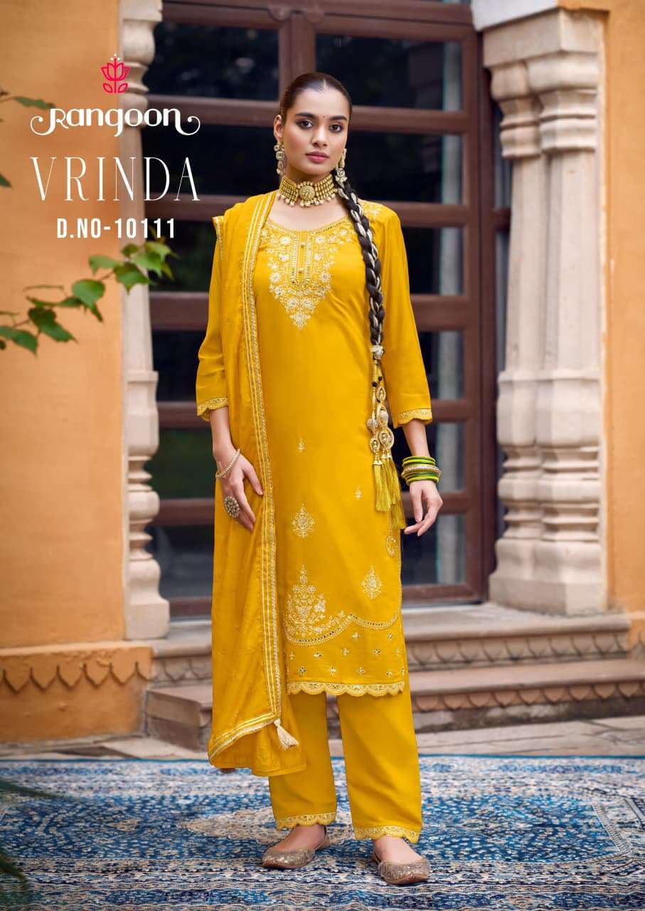 RANGOON VRINDA SILK FANCY EMBROIDERY WORKS LADIES KURTI BOTTOM AND DUPATTA SET
