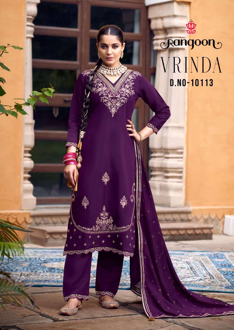 RANGOON VRINDA SILK FANCY EMBROIDERY WORKS LADIES KURTI BOTTOM AND DUPATTA SET