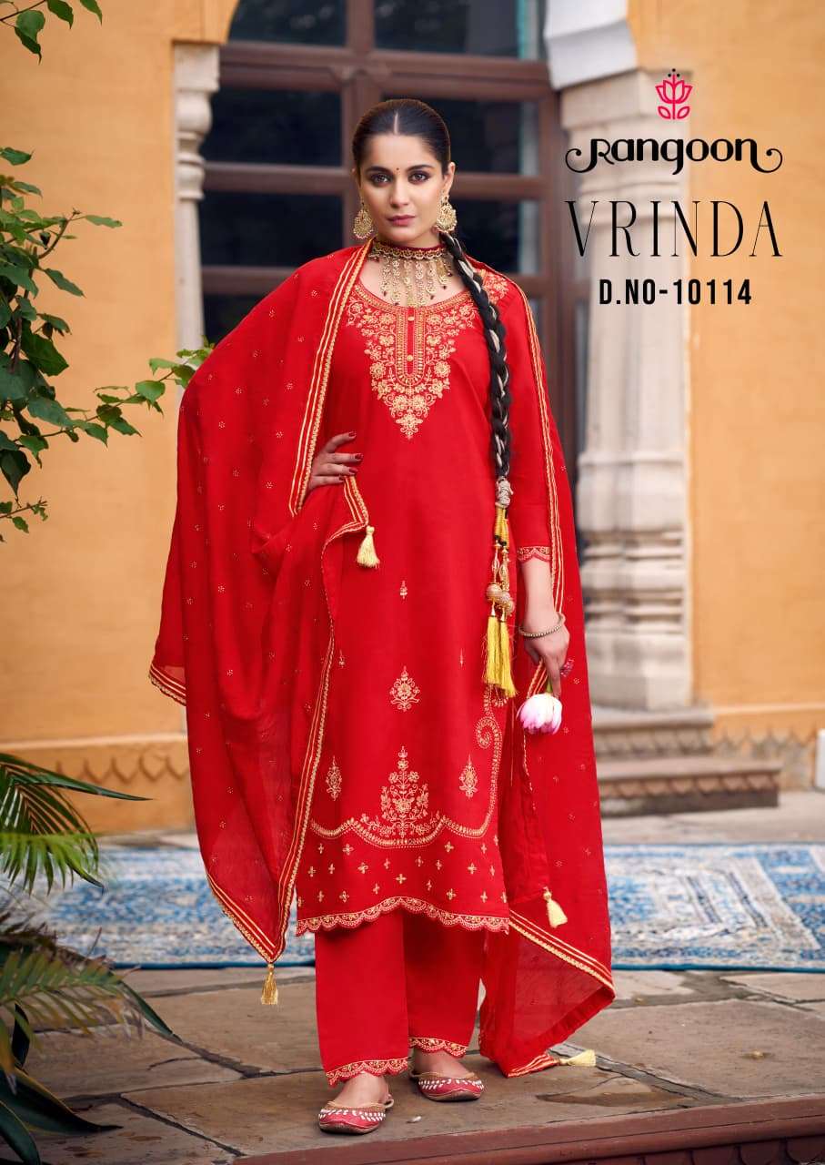 RANGOON VRINDA SILK FANCY EMBROIDERY WORKS LADIES KURTI BOTTOM AND DUPATTA SET