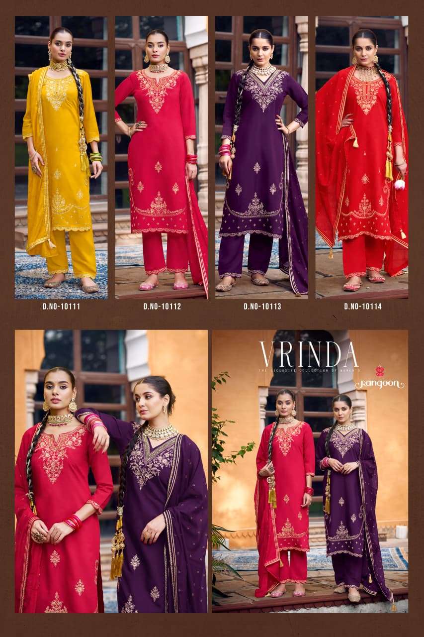 RANGOON VRINDA SILK FANCY EMBROIDERY WORKS LADIES KURTI BOTTOM AND DUPATTA SET