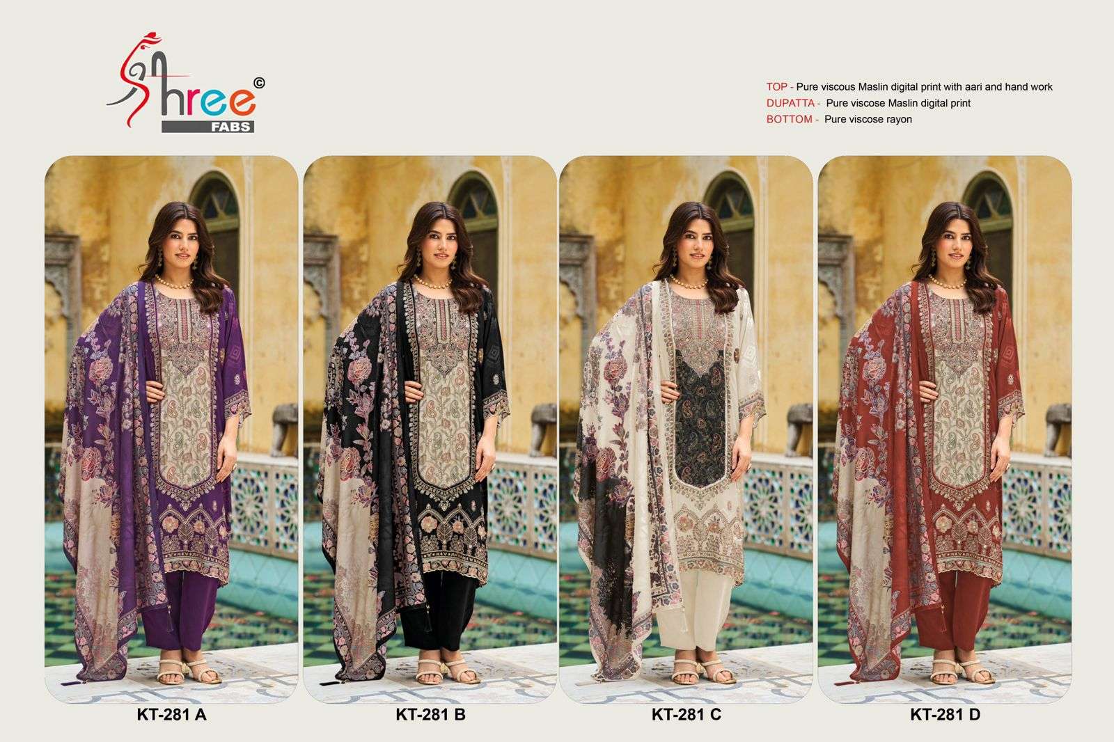 SHREE FAB DESIGN NO - KT - 281 PURE VISCOSE MUSLIN DIGITAL PRINT AARI HANDWORK PAKISTANI SUIT 
