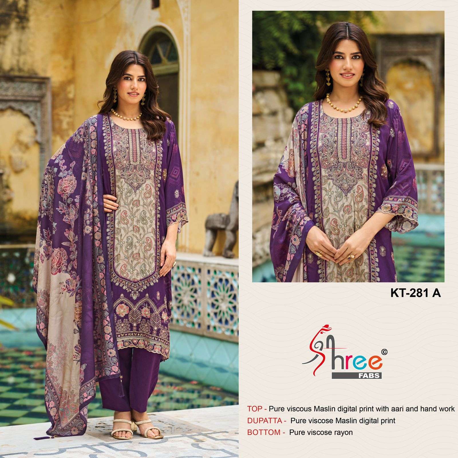 SHREE FAB DESIGN NO - KT - 281 PURE VISCOSE MUSLIN DIGITAL PRINT AARI HANDWORK PAKISTANI SUIT 