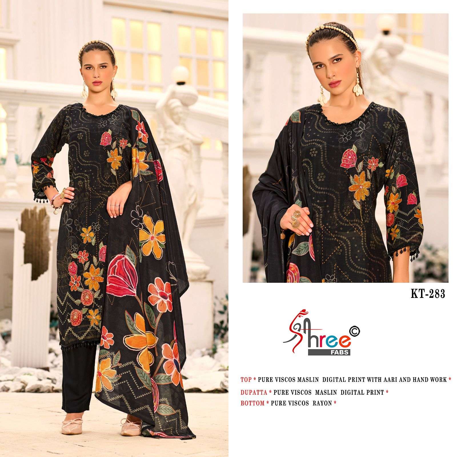 SHREE FAB DESIGN NO - KT - 283 PURE VISCOSE MUSLIN DIGITAL PRINT AARI HANDWORK PAKISTANI SUIT 