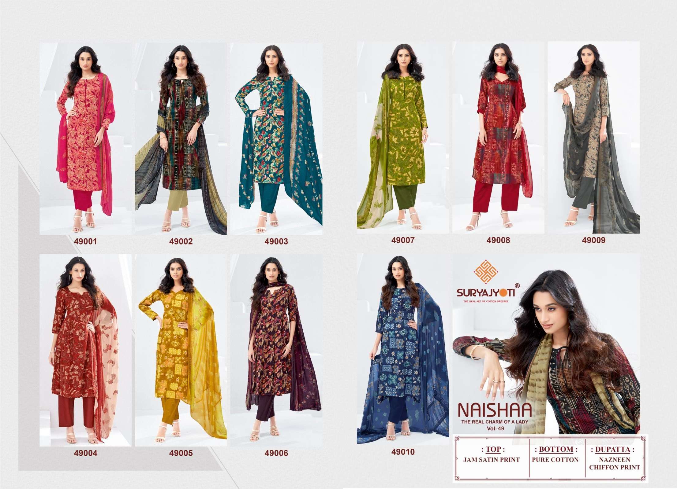 SURYAJYOTI NAISHAA VOL 49 JAM SATIN PRINT WITH FANCY WORK SUIT