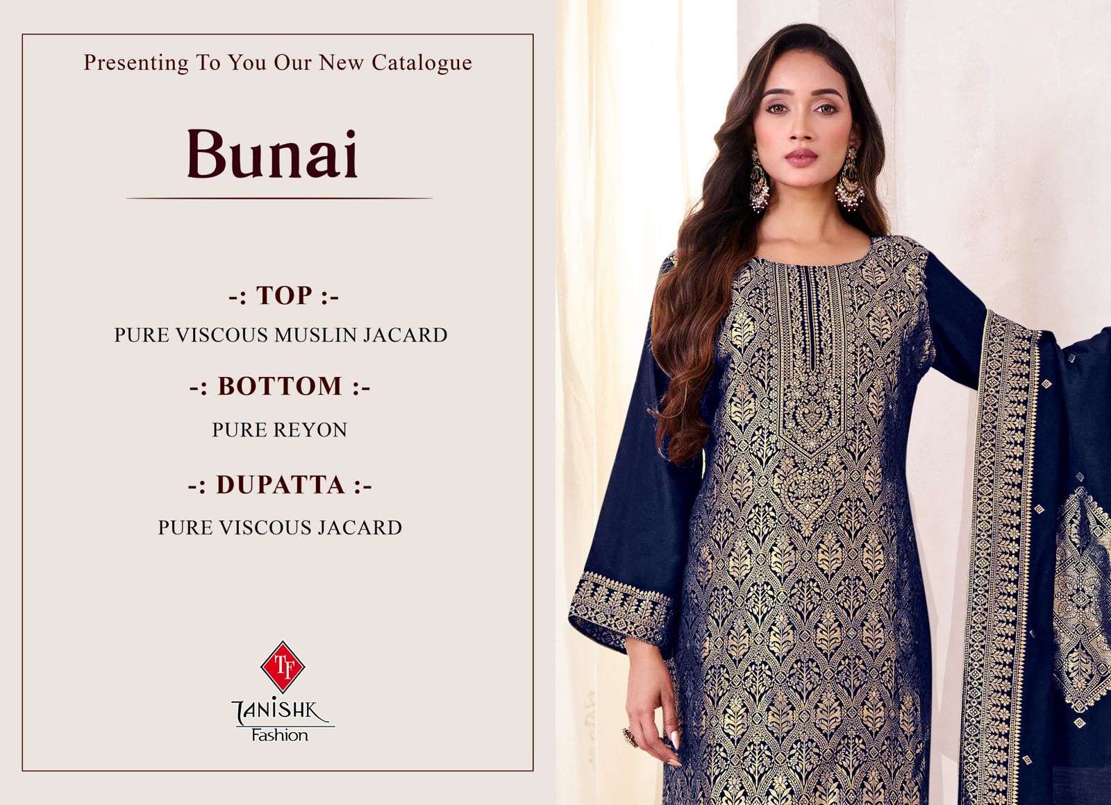 TANISHK FASHION BUNAI MUSLIN JACQUARD DESIGNER WORK LADIES SUIT