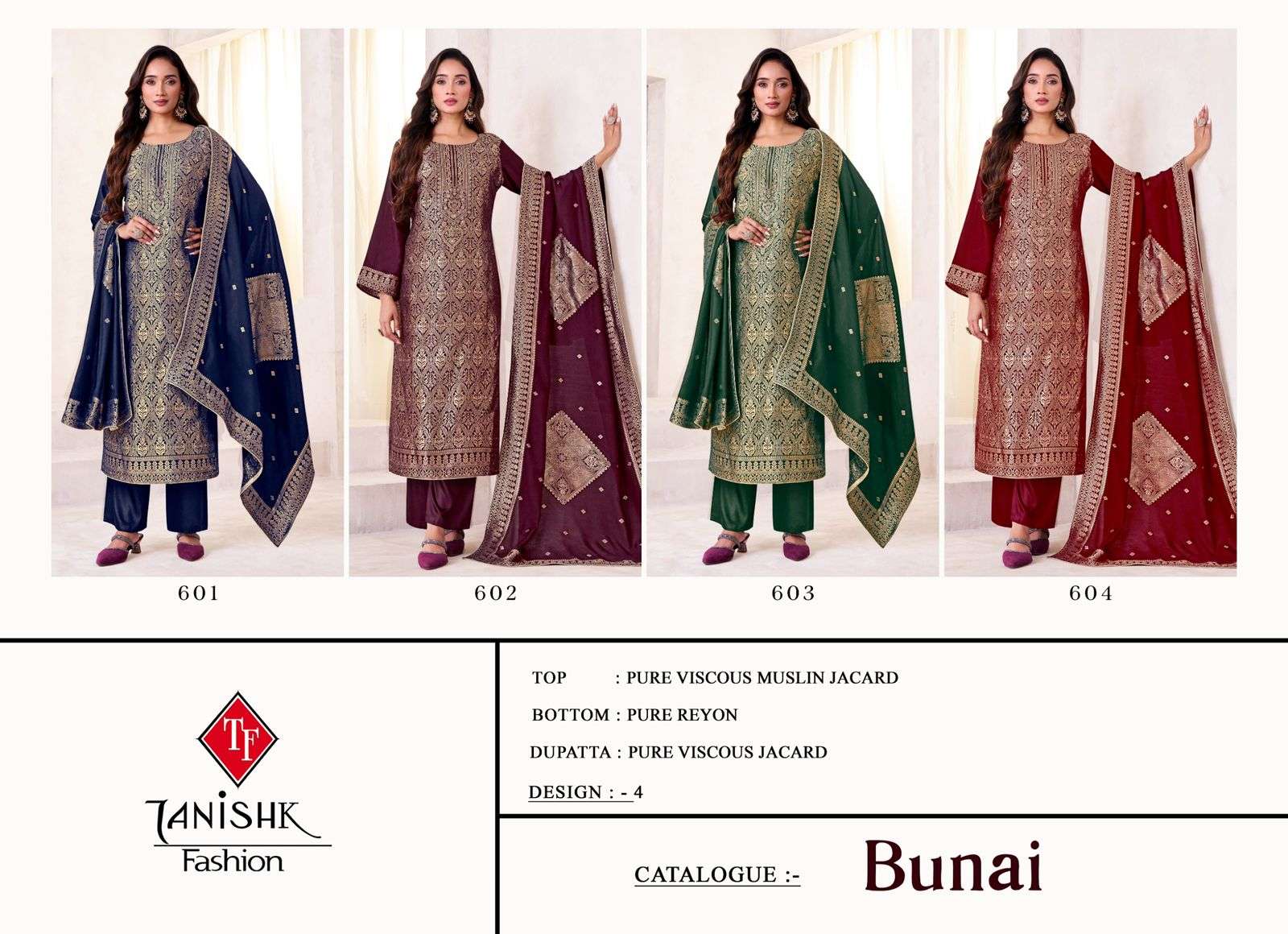 TANISHK FASHION BUNAI MUSLIN JACQUARD DESIGNER WORK LADIES SUIT