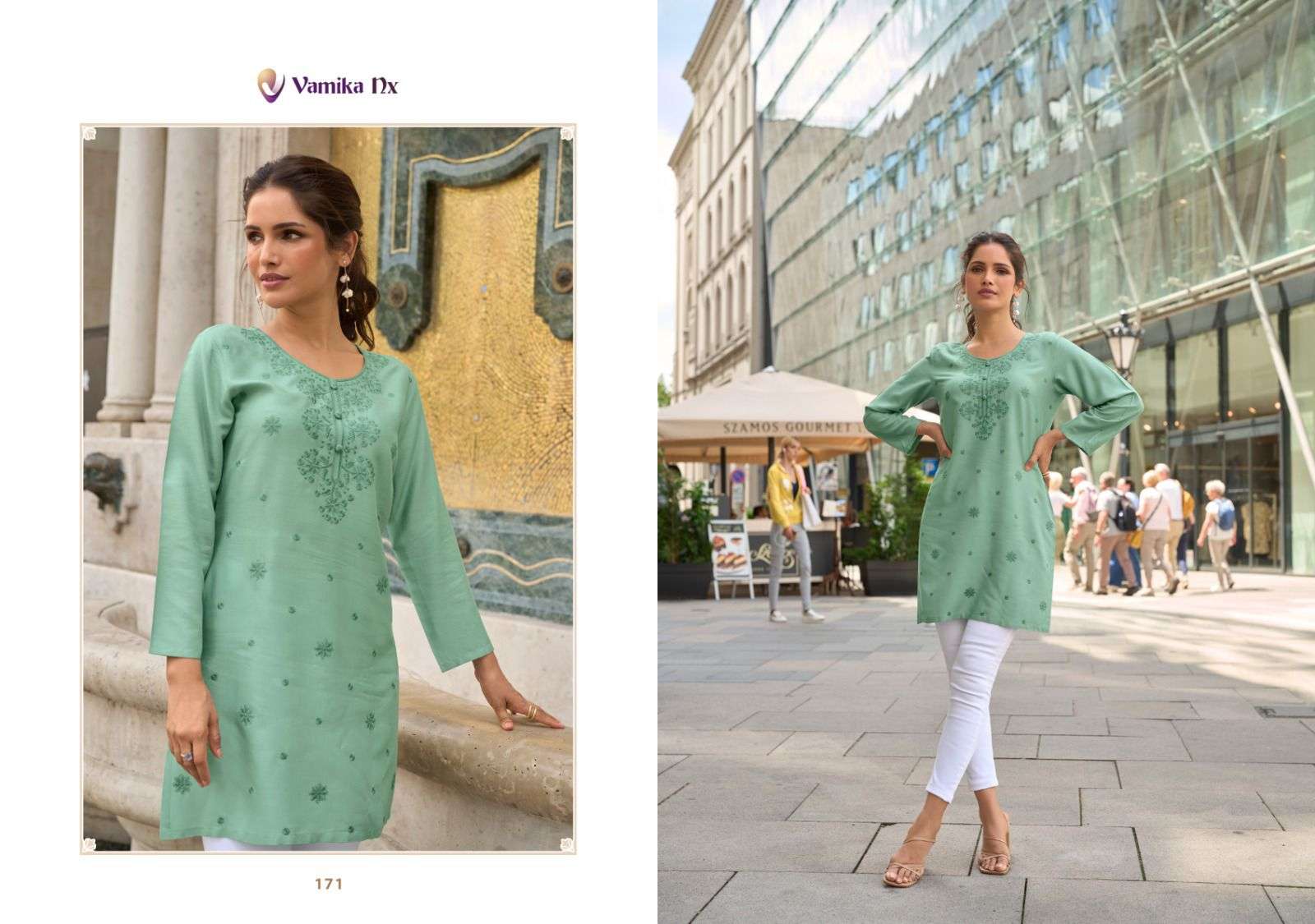 VAMIKA NX CHEERY RAYON FANCY WORKS SHORT KURTI 