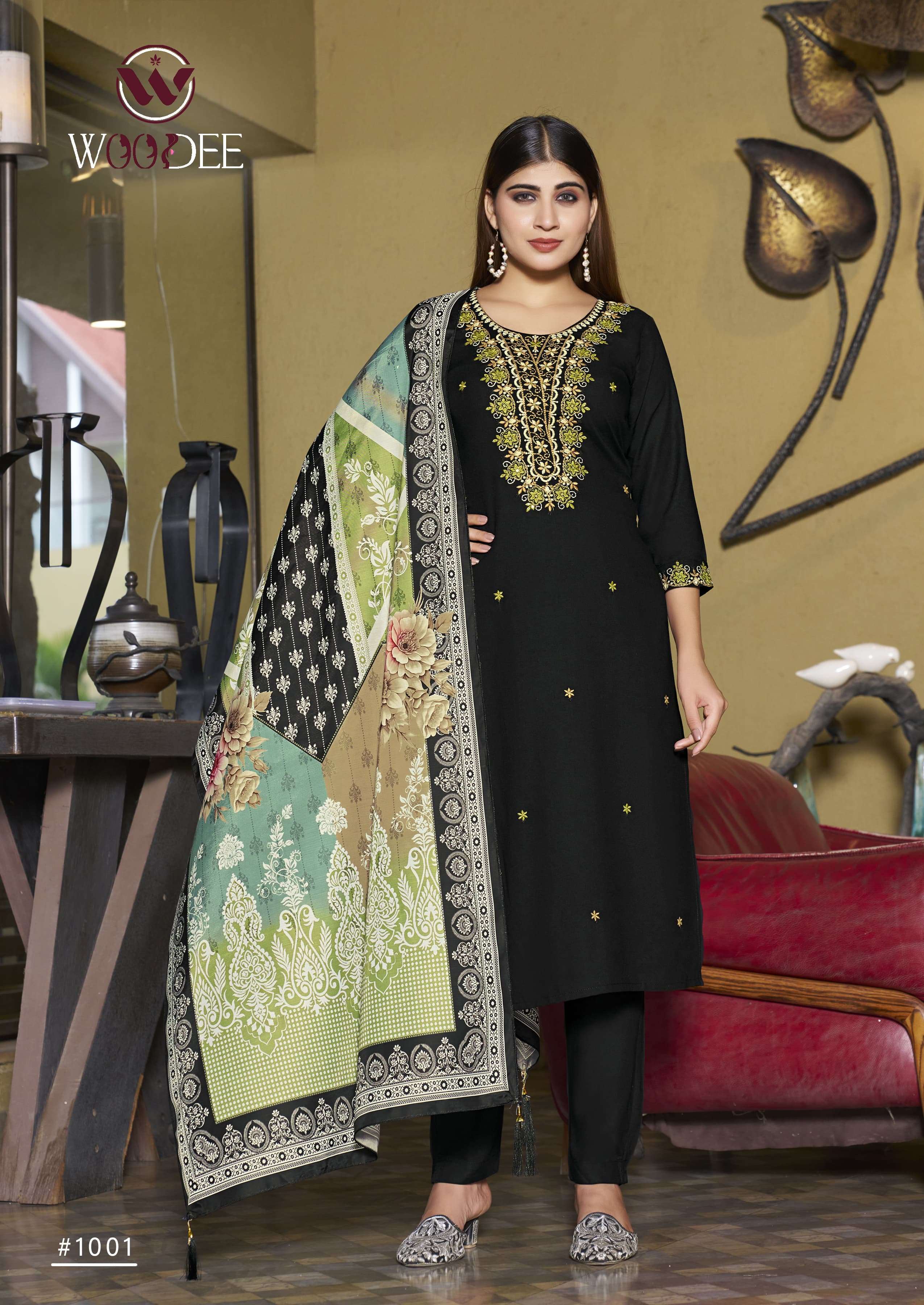 WOODEE APSARA RAYON FANCY EMBROIDERIES WORK LADIES KURTI BOTTOM AND DUPATTA SET 