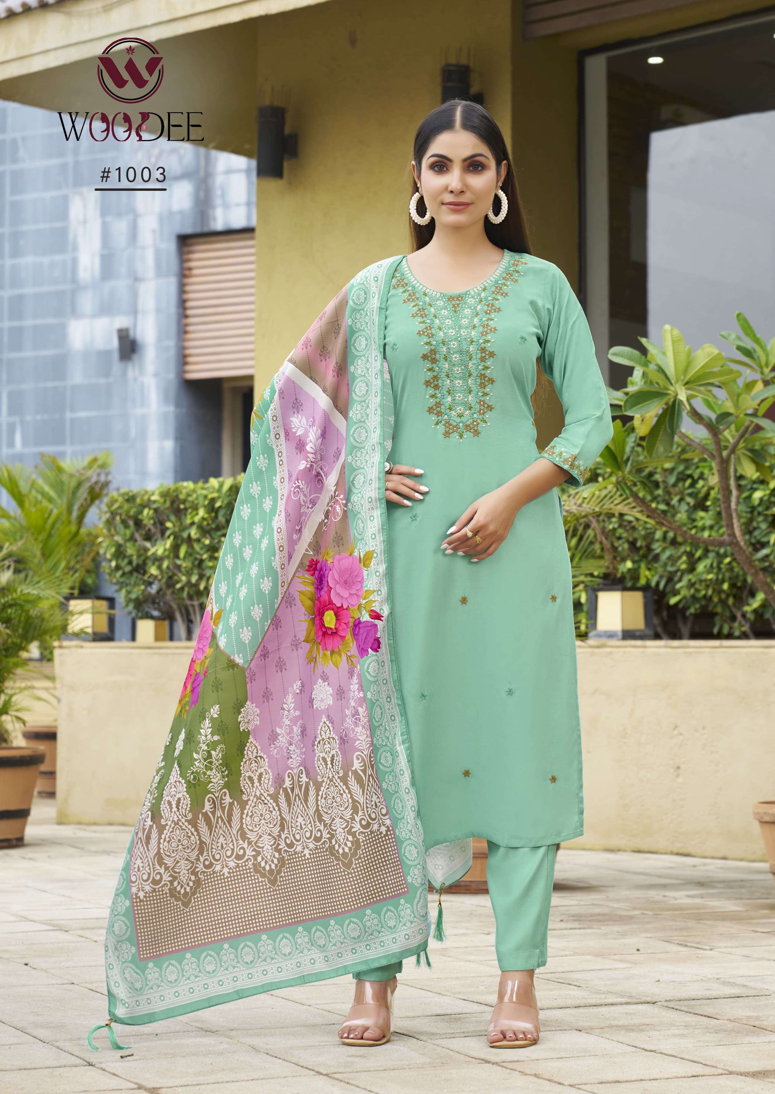 WOODEE APSARA RAYON FANCY EMBROIDERIES WORK LADIES KURTI BOTTOM AND DUPATTA SET 