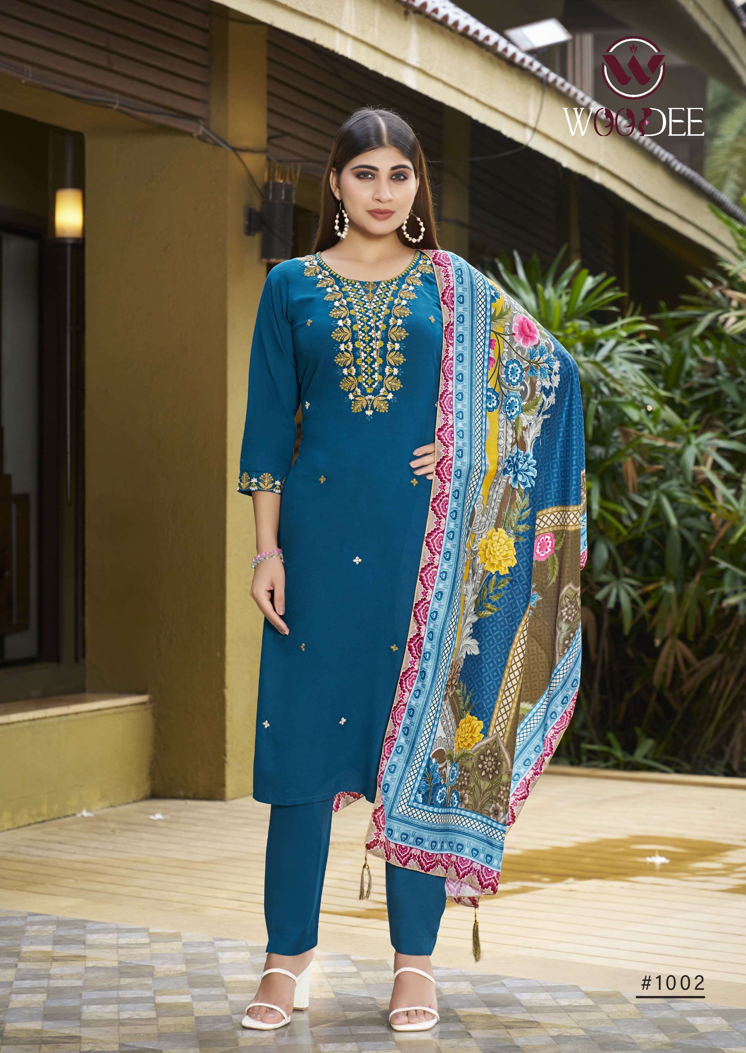 WOODEE APSARA RAYON FANCY EMBROIDERIES WORK LADIES KURTI BOTTOM AND DUPATTA SET 