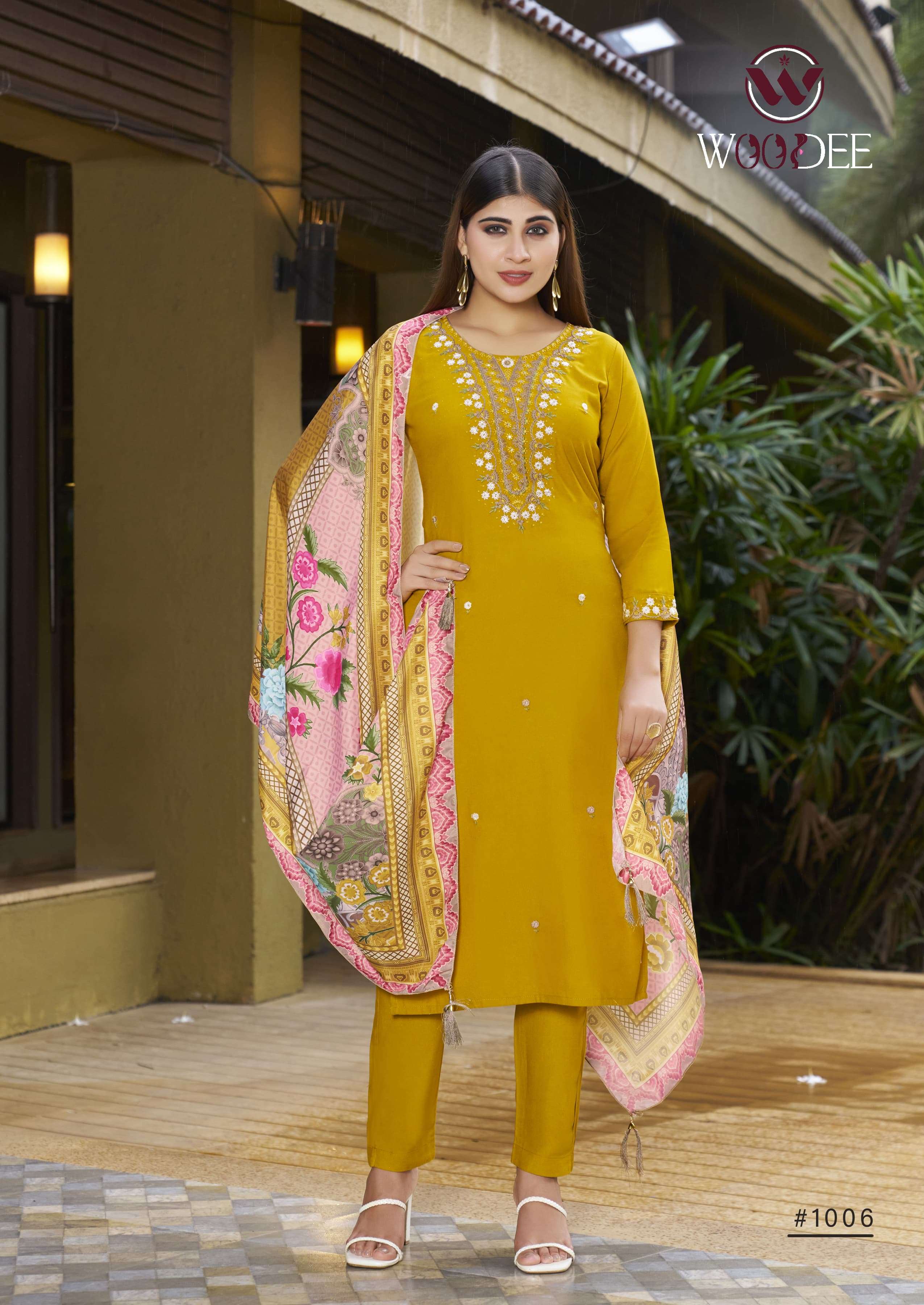WOODEE APSARA RAYON FANCY EMBROIDERIES WORK LADIES KURTI BOTTOM AND DUPATTA SET 