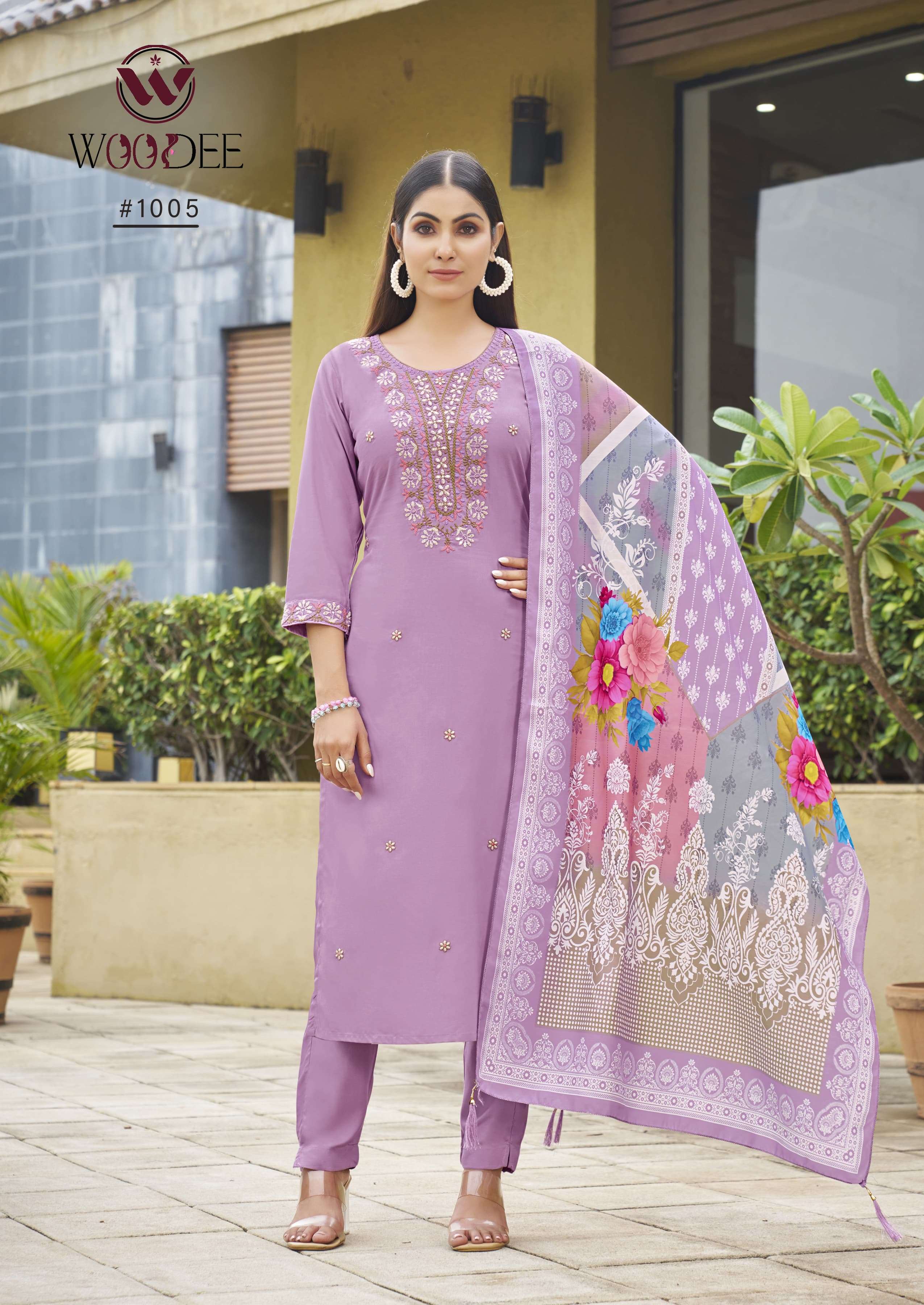 WOODEE APSARA RAYON FANCY EMBROIDERIES WORK LADIES KURTI BOTTOM AND DUPATTA SET 