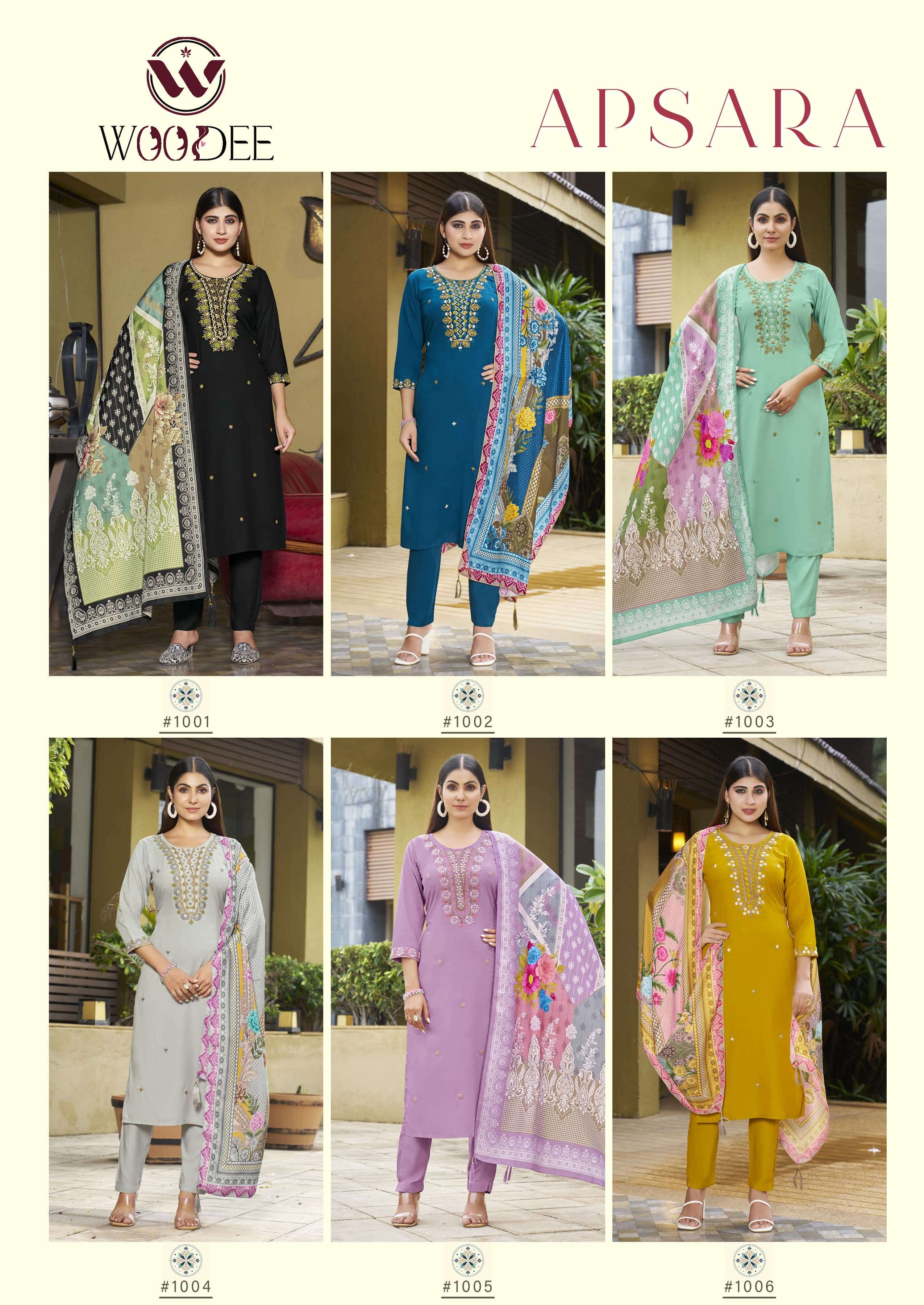WOODEE APSARA RAYON FANCY EMBROIDERIES WORK LADIES KURTI BOTTOM AND DUPATTA SET 