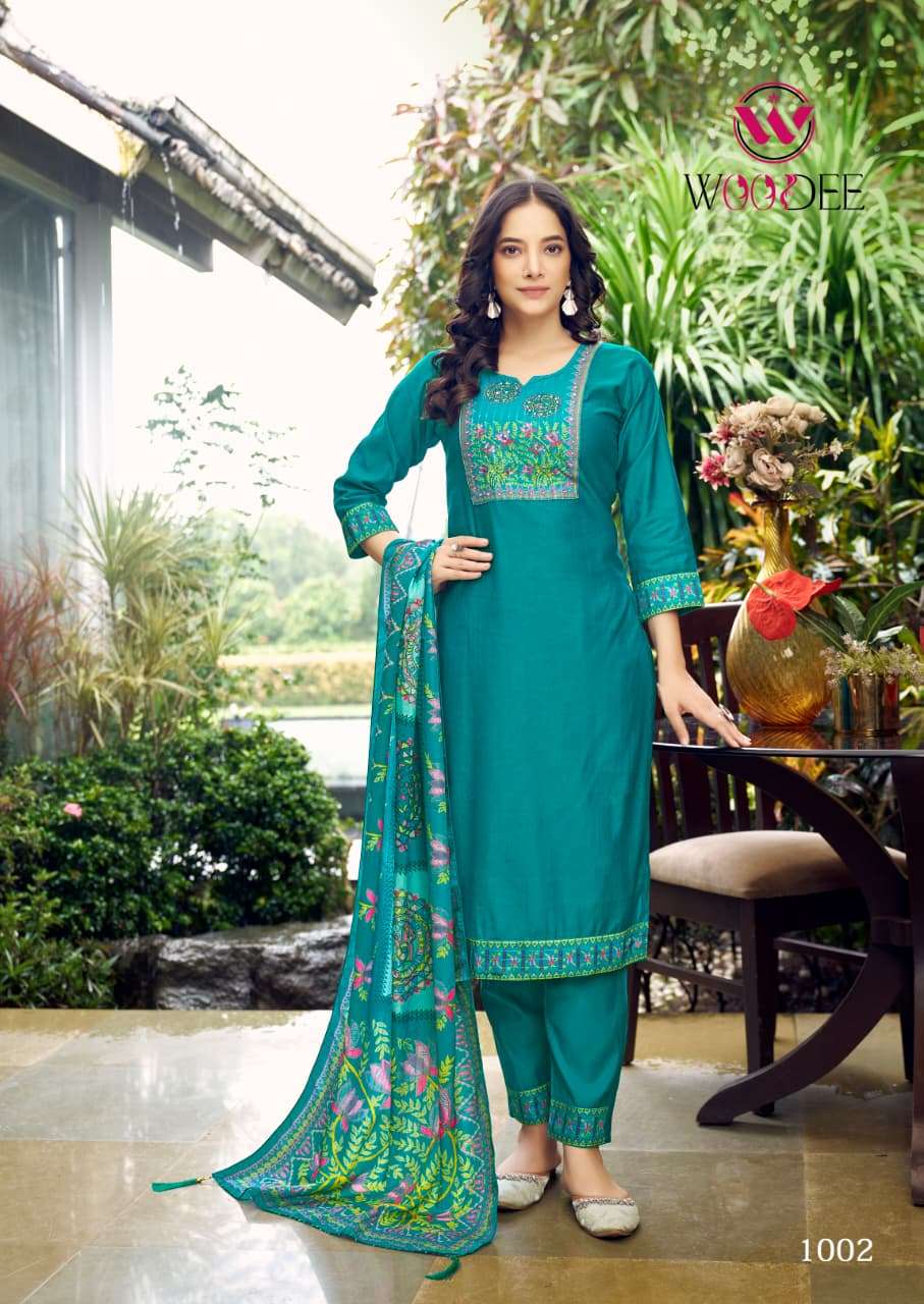 WOODEE BANZARA VISCOSE FANCY DESIGNER WORK KURTI BOTTOM AND DUPATTA SET 