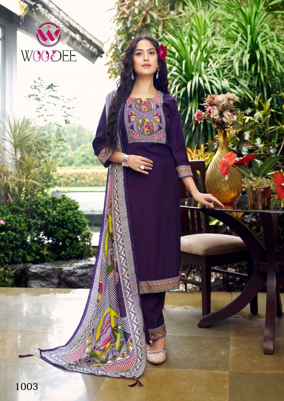 WOODEE BANZARA VISCOSE FANCY DESIGNER WORK KURTI BOTTOM AND DUPATTA SET 