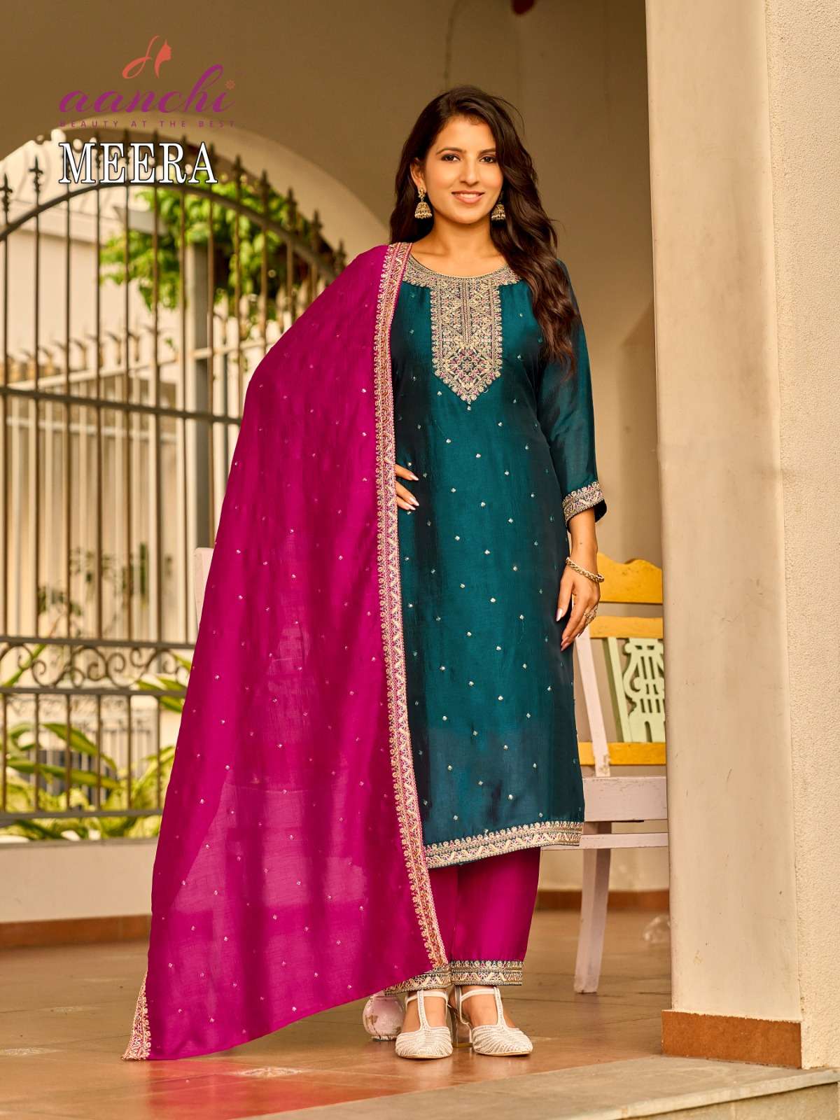 AANCHI KURTIS MEERA SILK WITH FANCY EMBROIDERY WORK LADIES 3PCS SET