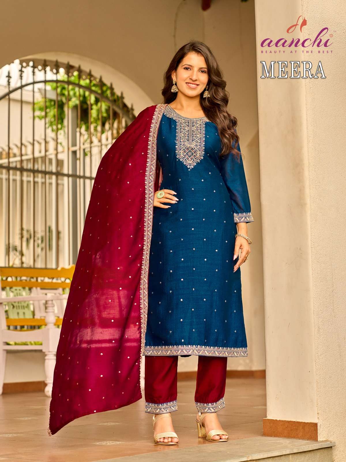 AANCHI KURTIS MEERA SILK WITH FANCY EMBROIDERY WORK LADIES 3PCS SET