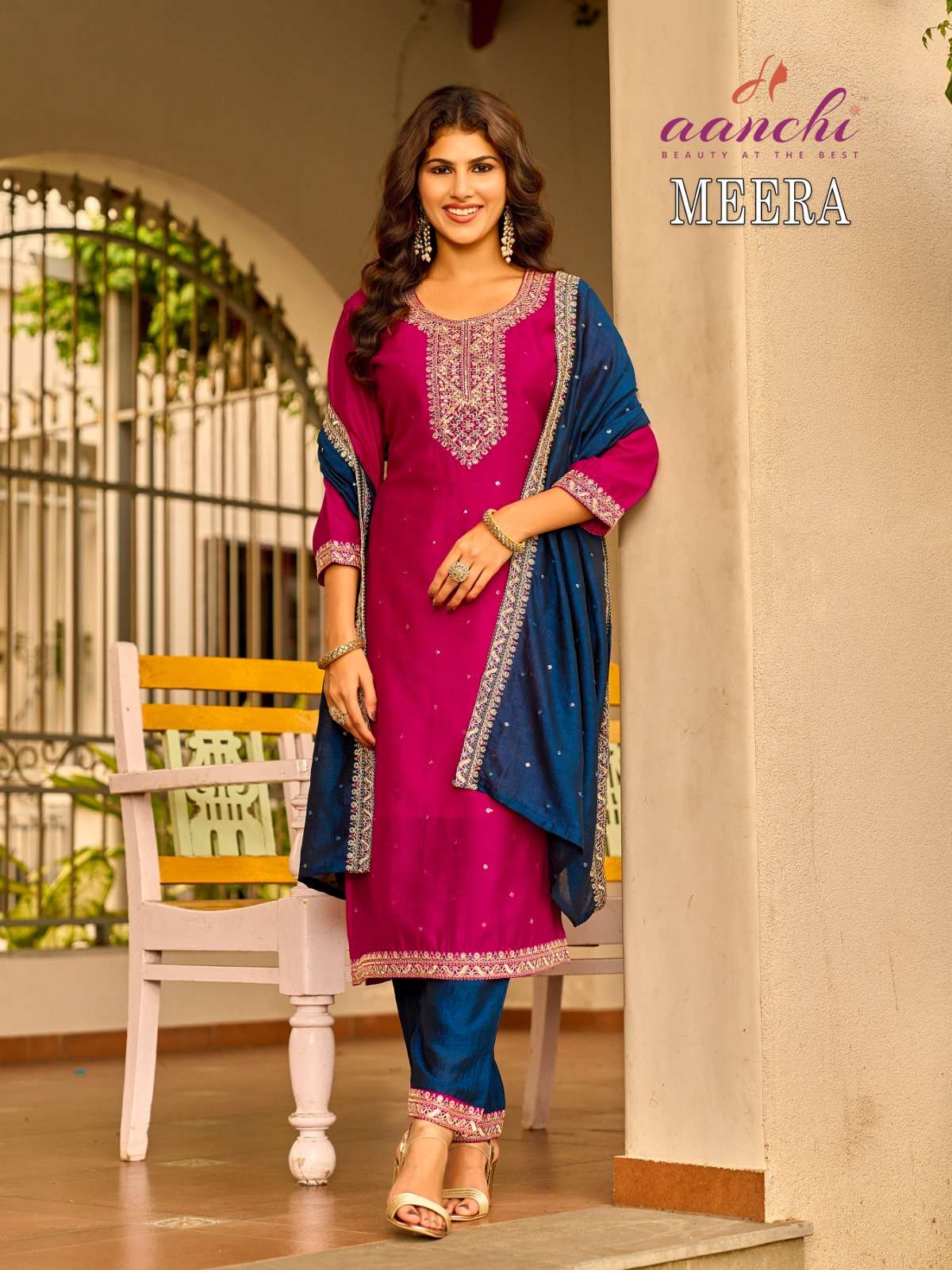 AANCHI KURTIS MEERA SILK WITH FANCY EMBROIDERY WORK LADIES 3PCS SET
