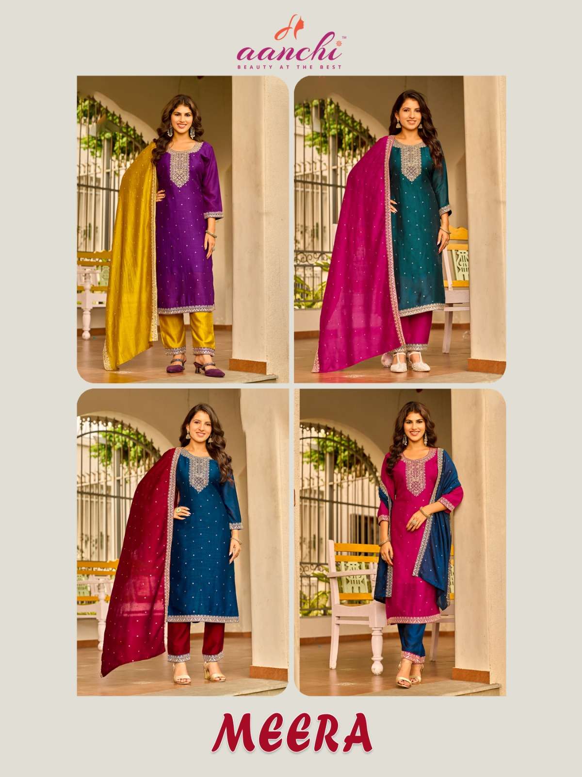 AANCHI KURTIS MEERA SILK WITH FANCY EMBROIDERY WORK LADIES 3PCS SET