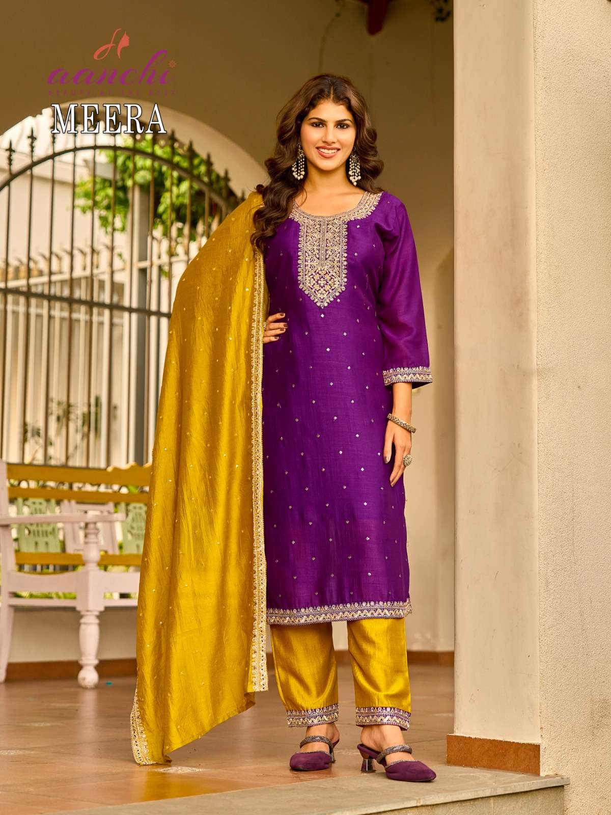 AANCHI KURTIS MEERA SILK WITH FANCY EMBROIDERY WORK LADIES 3PCS SET