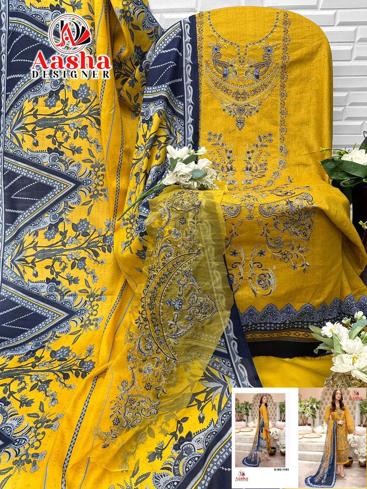 AASHA DESIGNER DESIGN NO - 1183 PURE COTTON PRINT HEAVY SELF EMBROIDERED PAKISTANI SALWAR SUIT