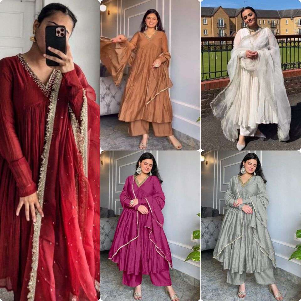 AD 152 SILK DESIGNER PARTY WEAR LOOK ALIA CUT GOWN PLAZZO AND DUPATTA SET