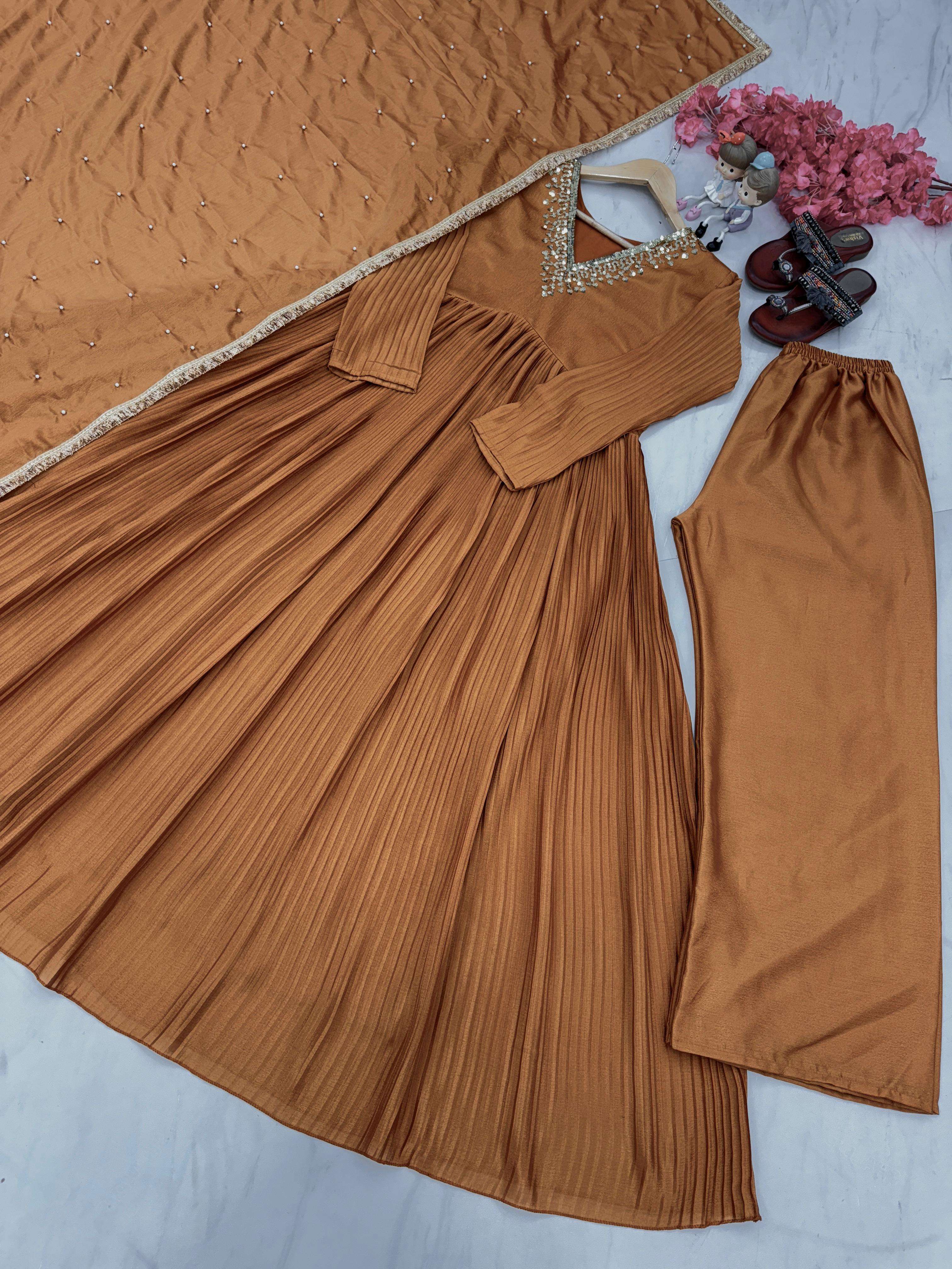 AD 152 SILK DESIGNER PARTY WEAR LOOK ALIA CUT GOWN PLAZZO AND DUPATTA SET