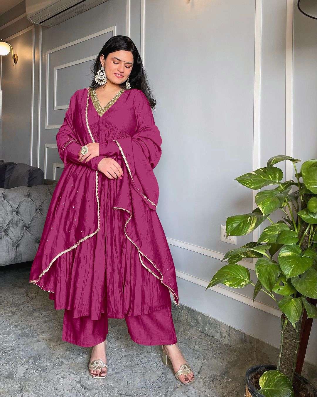 AD 152 SILK DESIGNER PARTY WEAR LOOK ALIA CUT GOWN PLAZZO AND DUPATTA SET