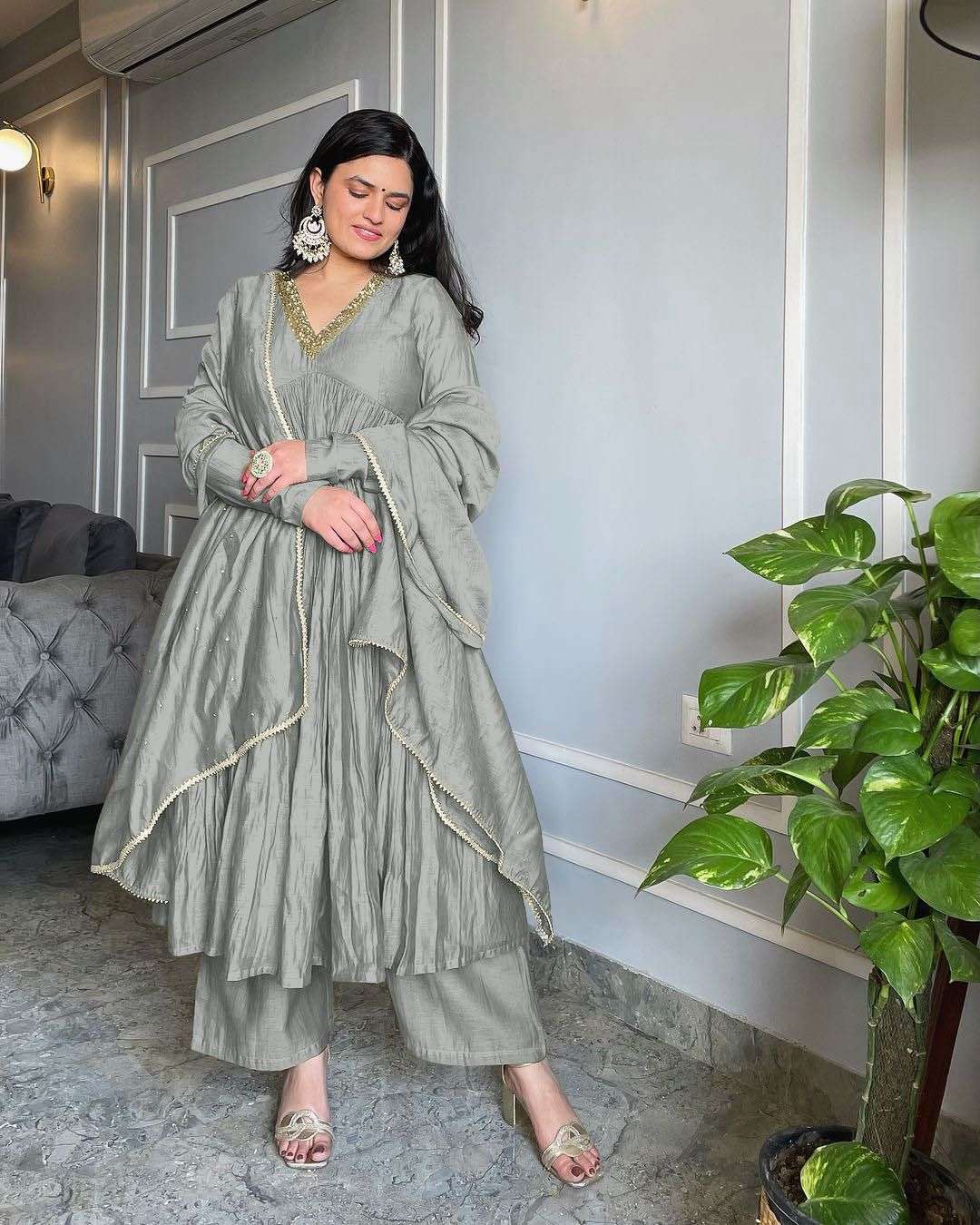 AD 152 SILK DESIGNER PARTY WEAR LOOK ALIA CUT GOWN PLAZZO AND DUPATTA SET