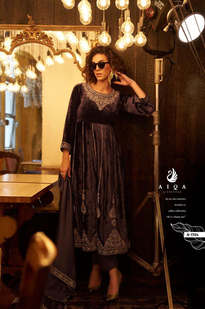 AIQA GREY & GOLD VISCOSE VELVET DESIGNER ANARKALI STYLE LADIES SUIT