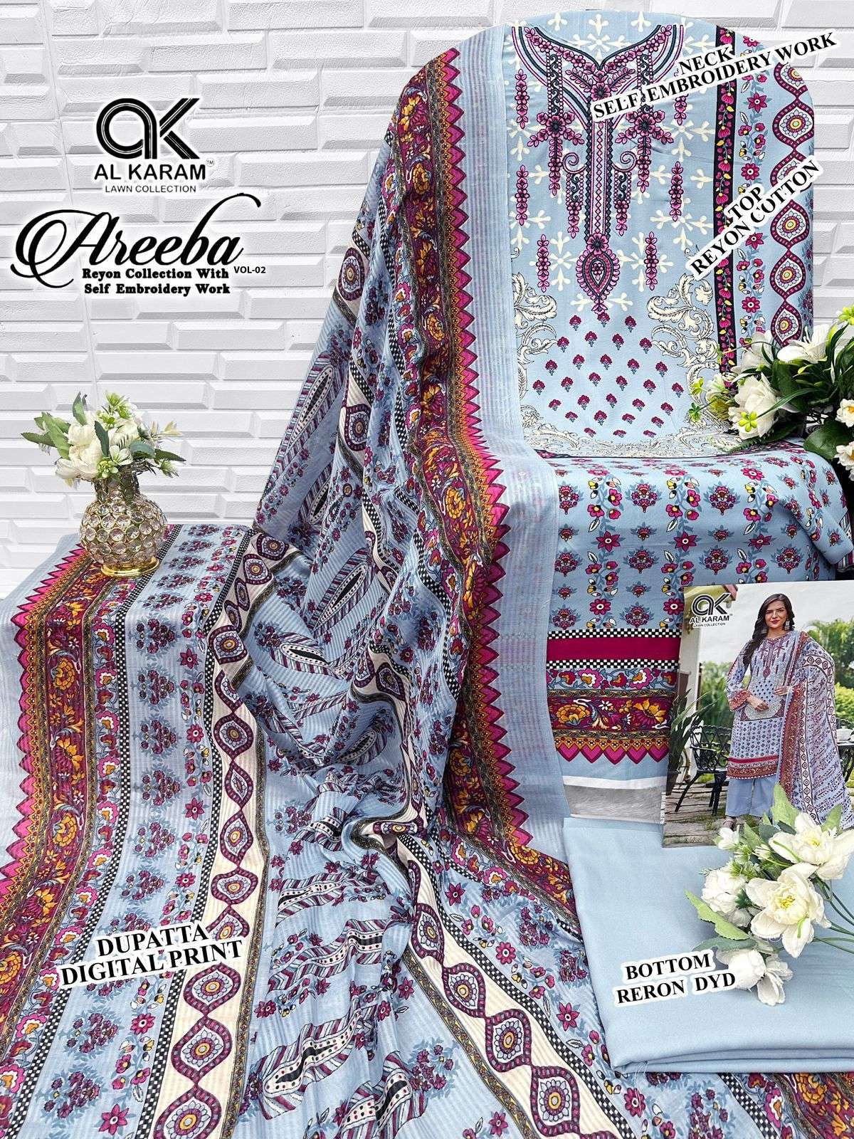 AL KARAM AREEBA VOL 2 RAYON PRINT WITH FANCY EMBROIDERY WORK SUIT